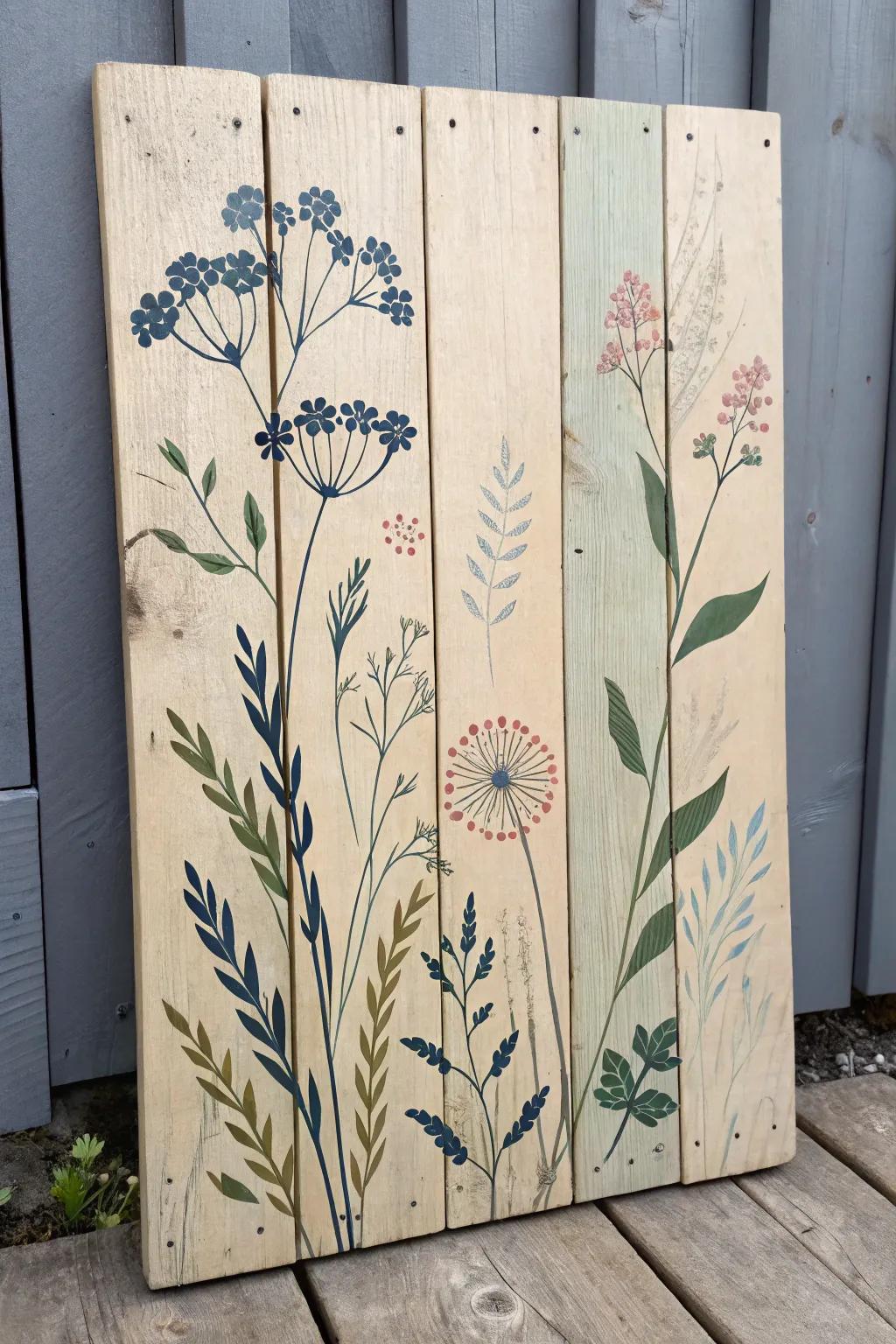Muted spring wildflower stencil on a painted pallet—soft cottage charm with crisp contrast.