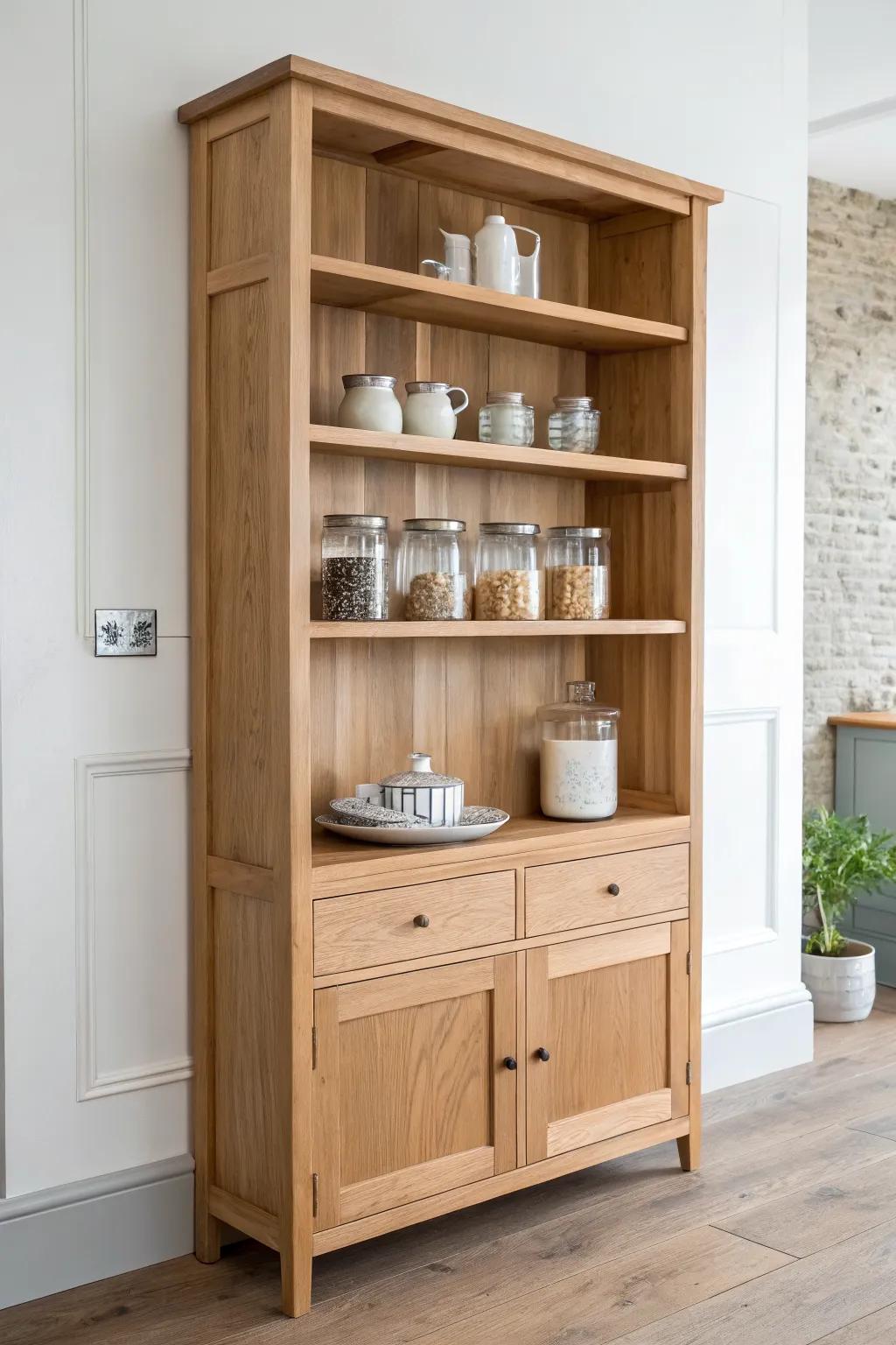 Graduated shelf spacing: snug up top, mid in the middle, tall below for a calmer pantry.
