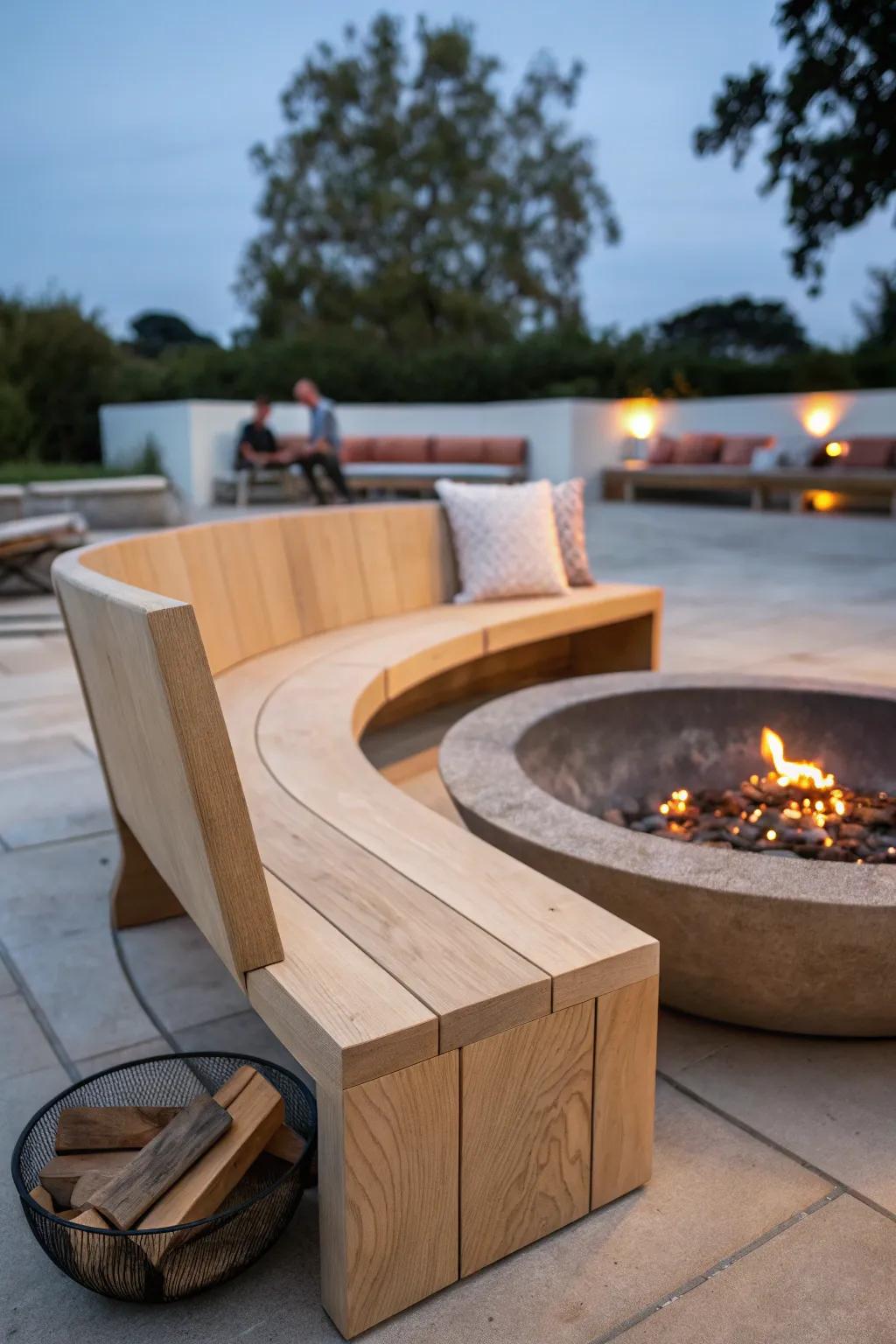 A handcrafted wood bench anchors a cozy fire‑pit circle—mix chairs and cushions for easy flow.