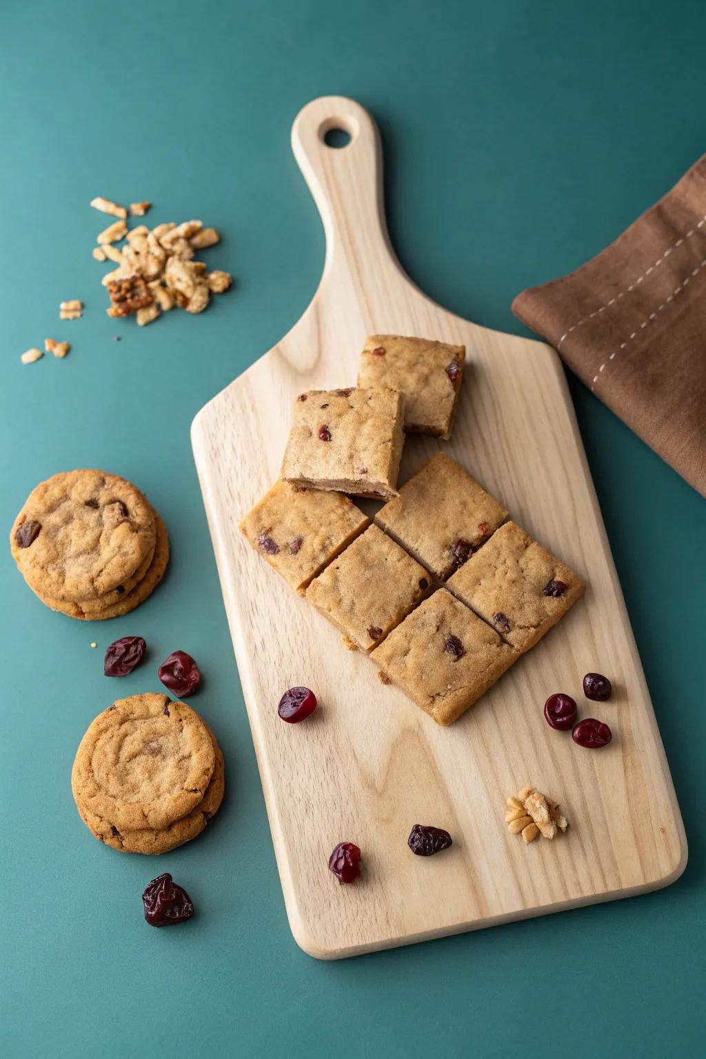Chewy brownies, crisp cookies, and dried fruit on a handcrafted wood board—easy dessert grazing.