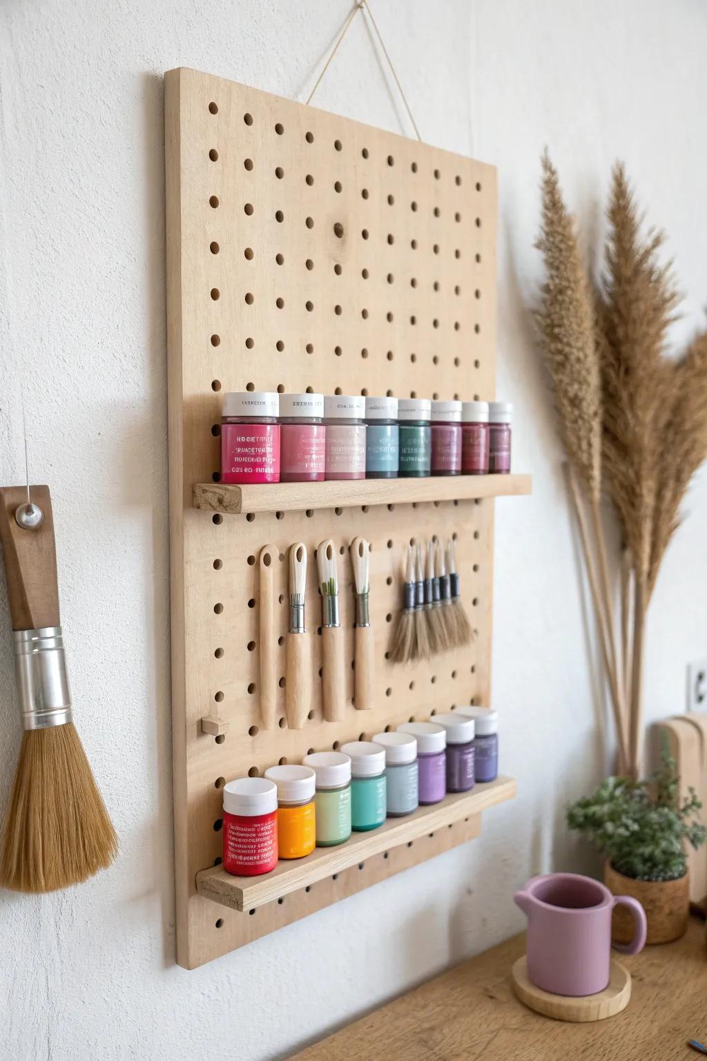 Rainbow paint jars on a birch pegboard with brushes below—storage that looks like art.