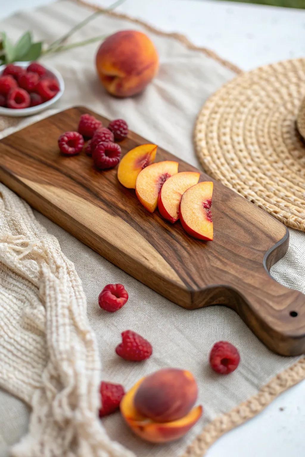 Live-edge charcuterie board with a juice groove—keeps peaches tidy for the perfect picnic spread.