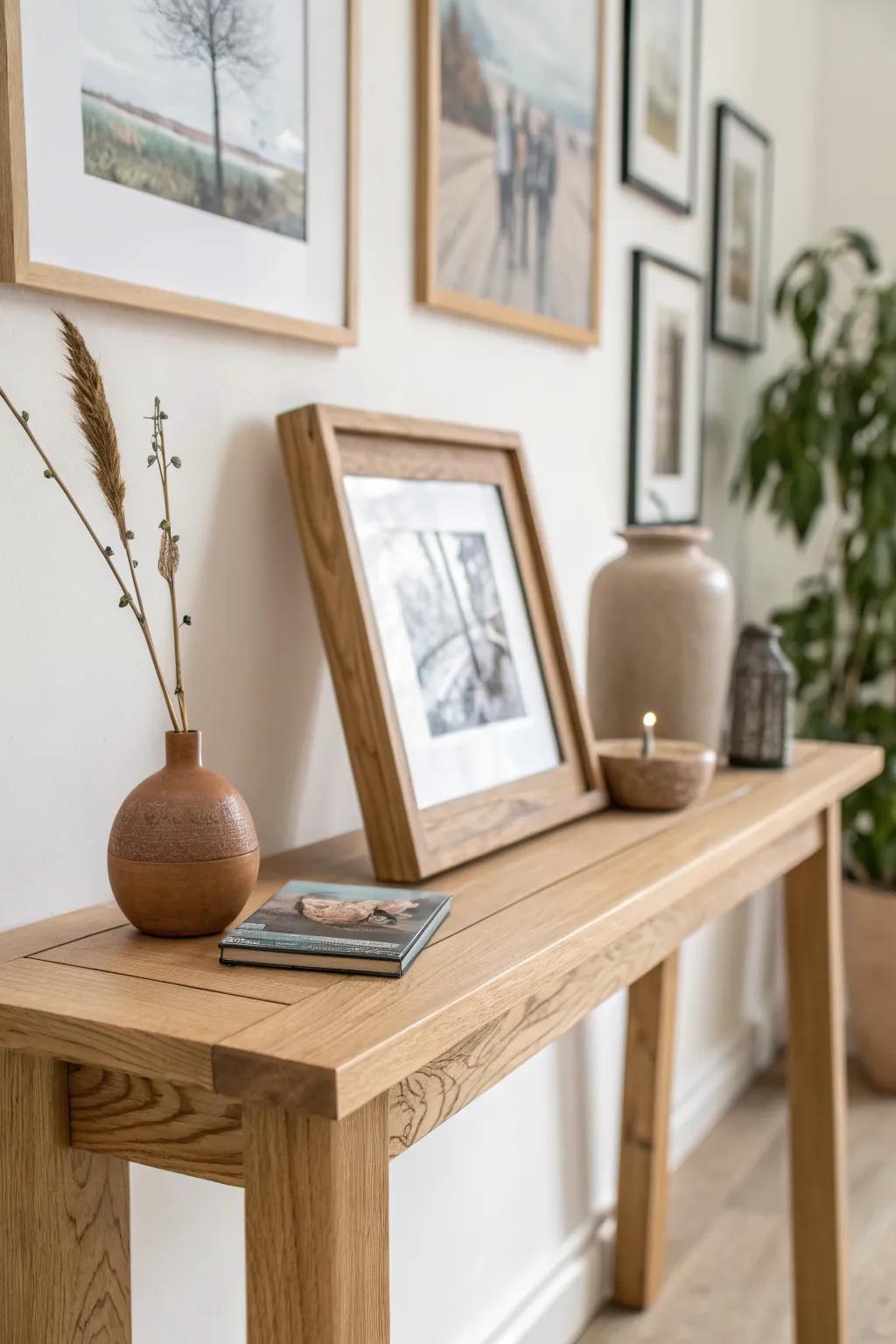 Anchor your entryway gallery with one chunky wood frame on a sleek console table today.