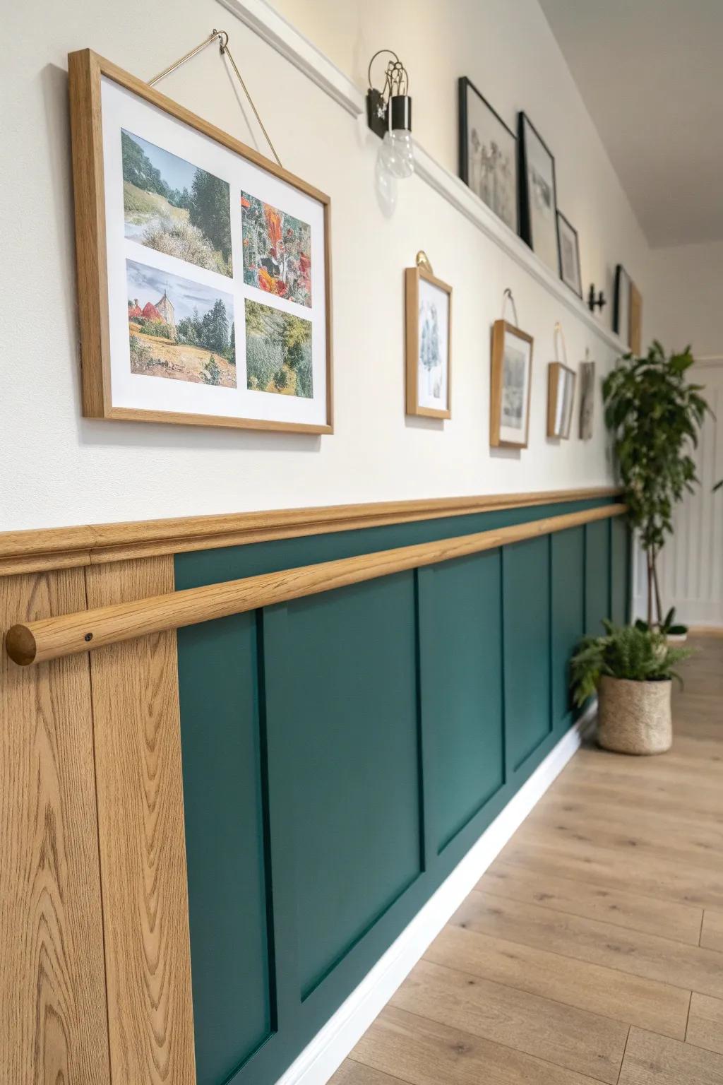 Two-tone wall magic: a natural oak picture rail creates a crisp, custom millwork divider.
