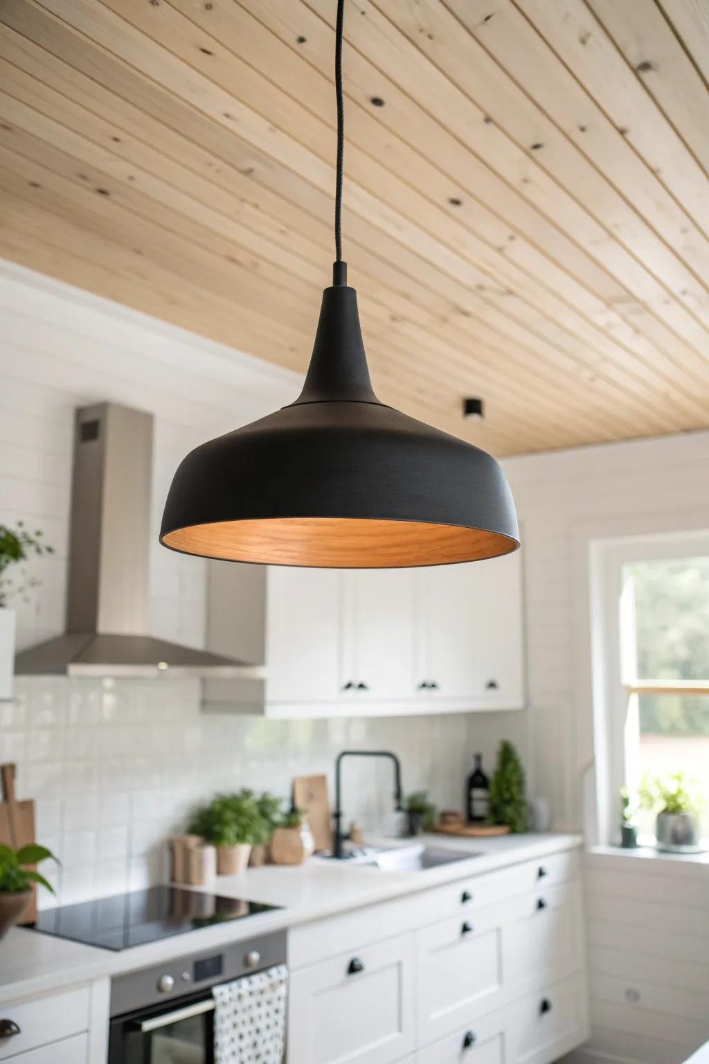 Warm pine ceiling + bold pendant lighting—cozy contrast that elevates a bright minimalist kitchen.
