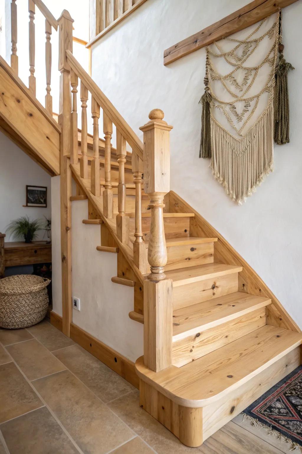 All-pine stairs with a clear finish—warm knots, swirls, and rustic charm in every tread.