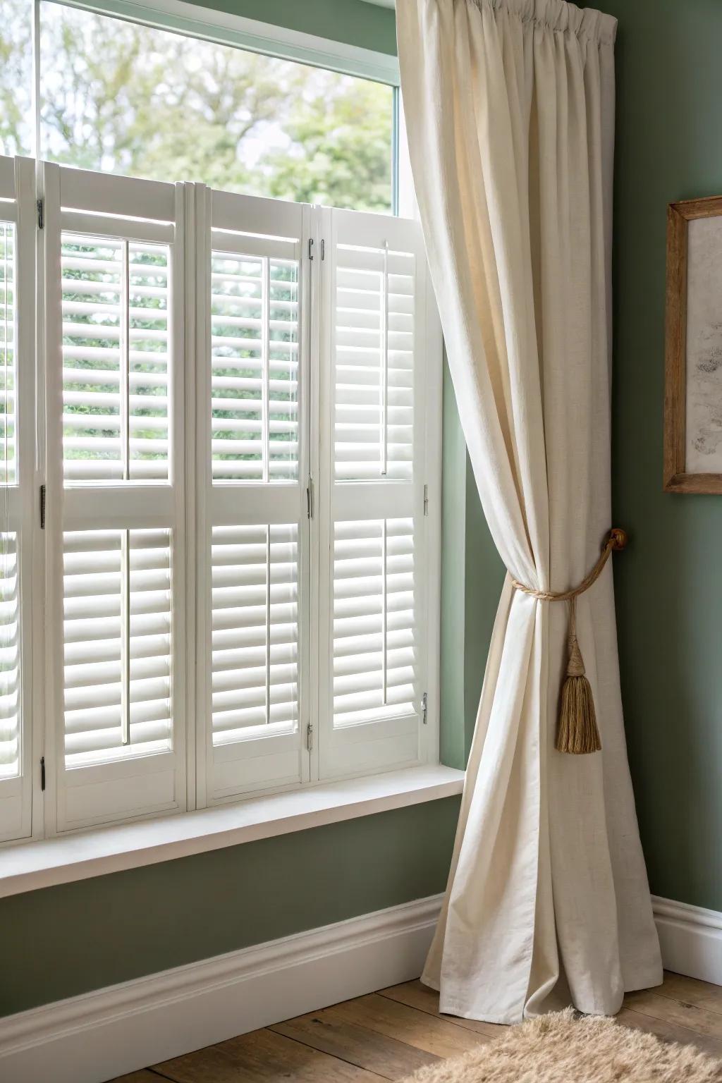 Crisp plantation shutters paired with airy linen drapes for a polished, soft-finished window.