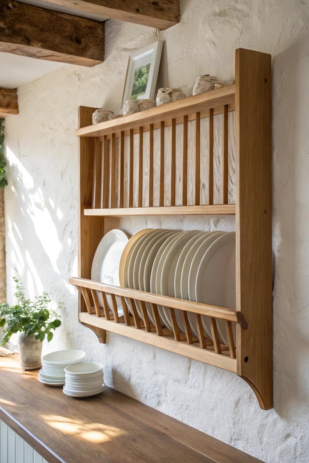 Two-tone plate rack: warm wood top + creamy frame for instant contrast and cottage charm.