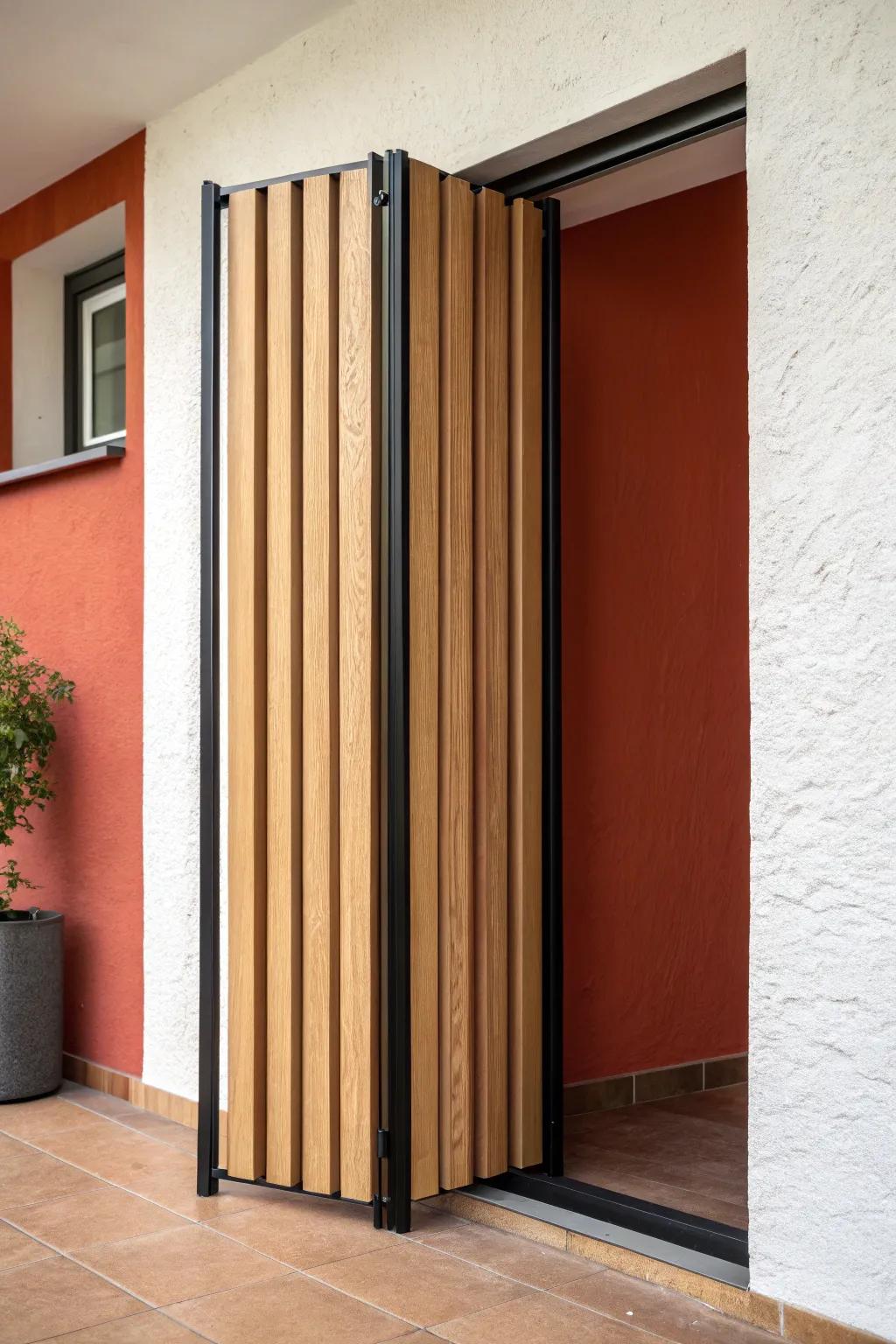 Accordion door with wood panels: tiny footprint, big style—minimal, warm, and practical.