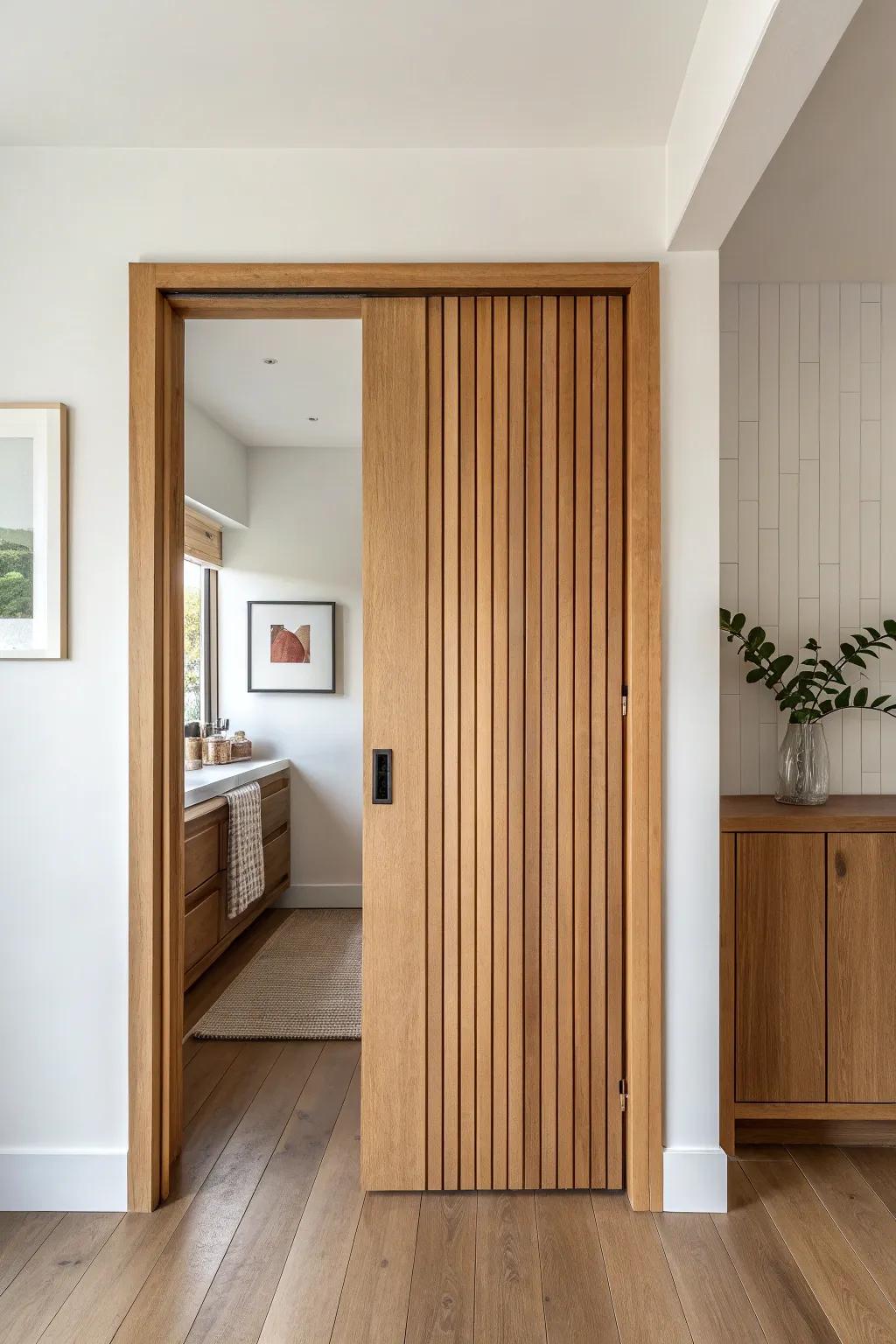 A sleek oak pocket door saves precious inches in a narrow powder room—simple, chic, space-smart.