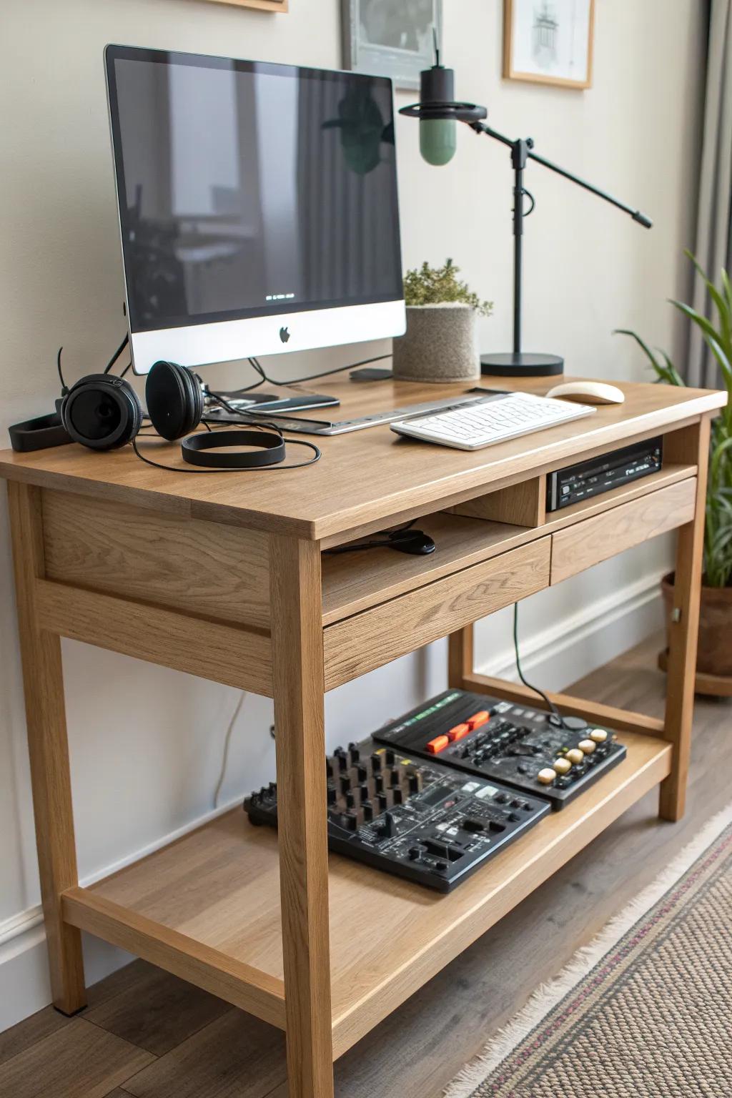 Split-level podcast table: relaxed elbows, protected knobs—Scandi craft with bold boho contrast.