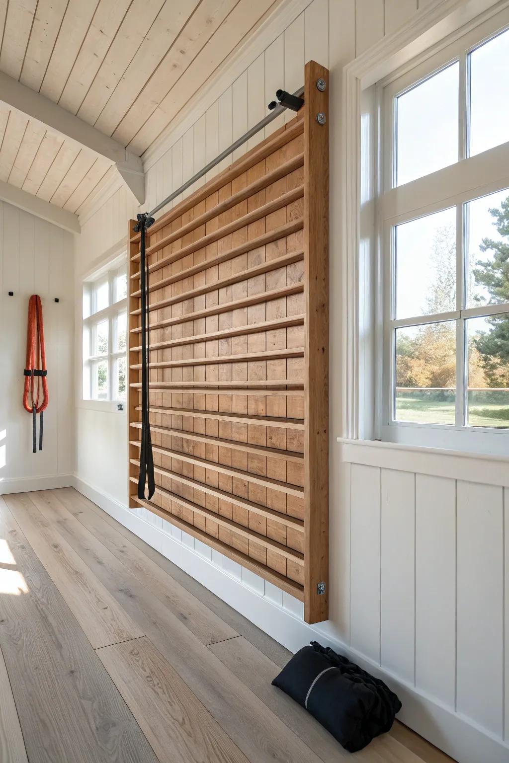 DIY wood slat wall: a clean, modern way to store bands and accessories in your pole barn gym.