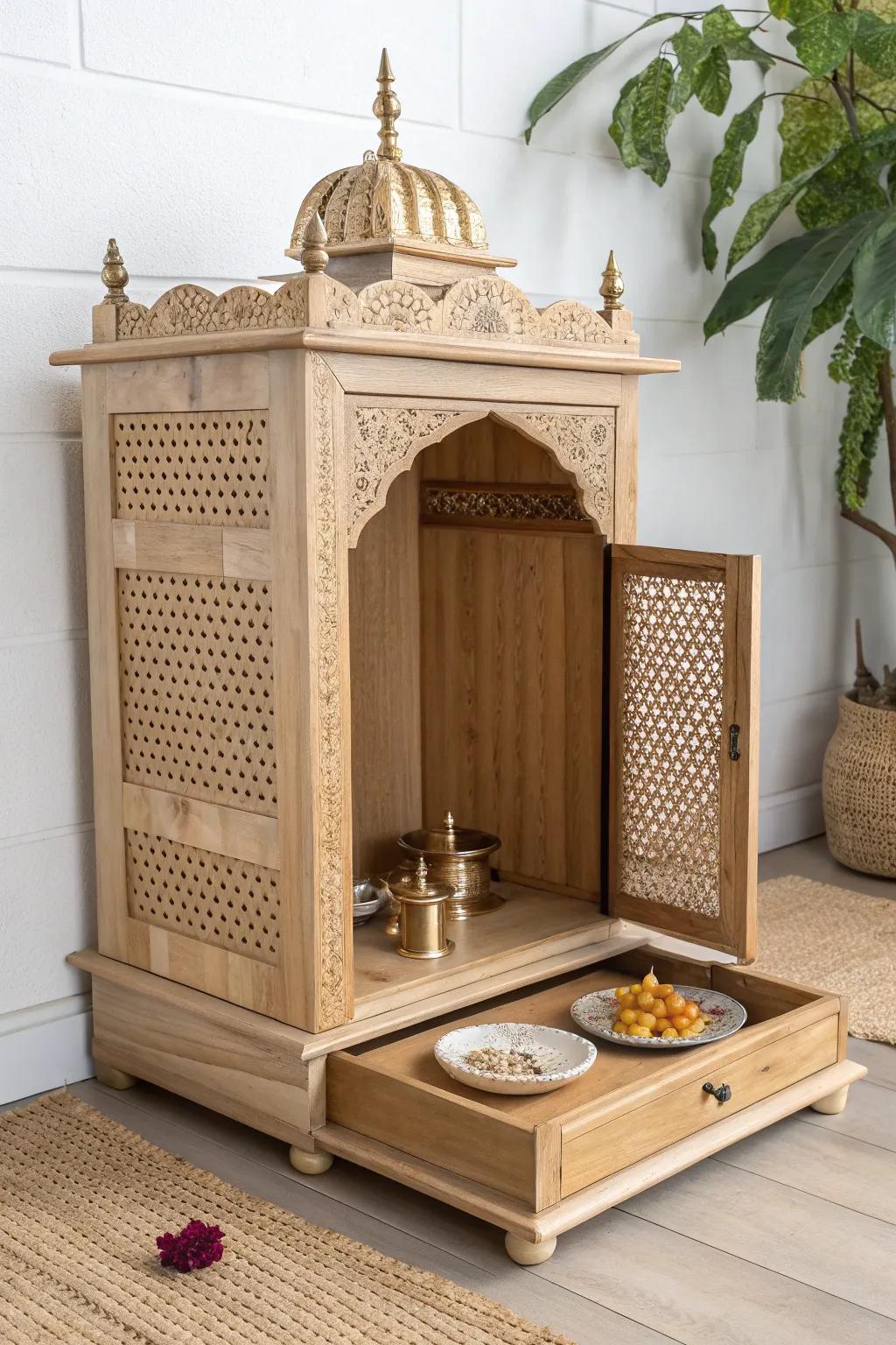 Handcrafted oak mandir with a pull‑out pooja tray—serene, space‑saving, and instantly ready.