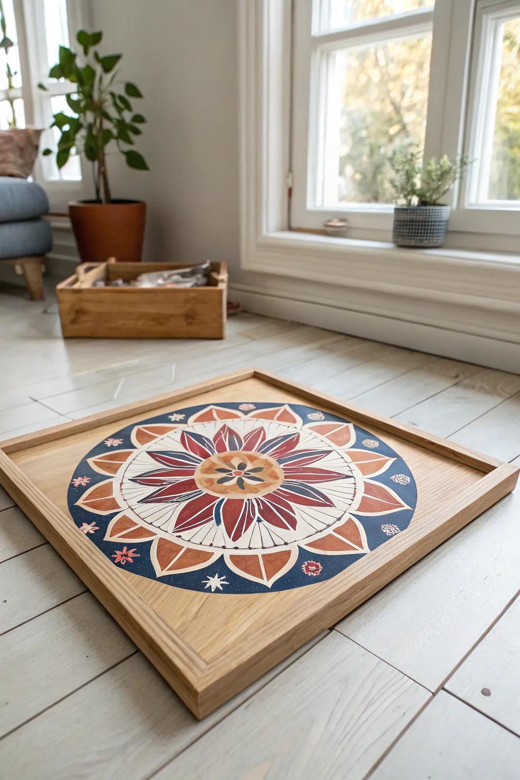 A removable wooden rangoli board brings lasting color and serenity to your pooja room entry.