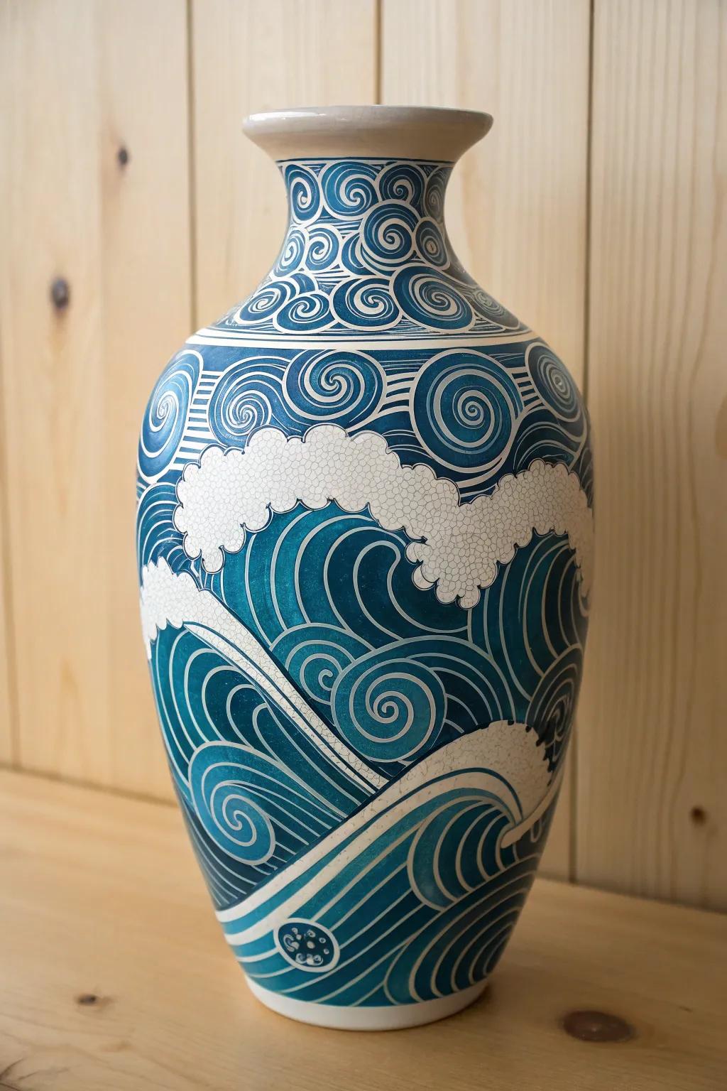 Embrace the tranquility of the ocean with this stunning wave-patterned vase, a perfect blend of minimalist and boho style.