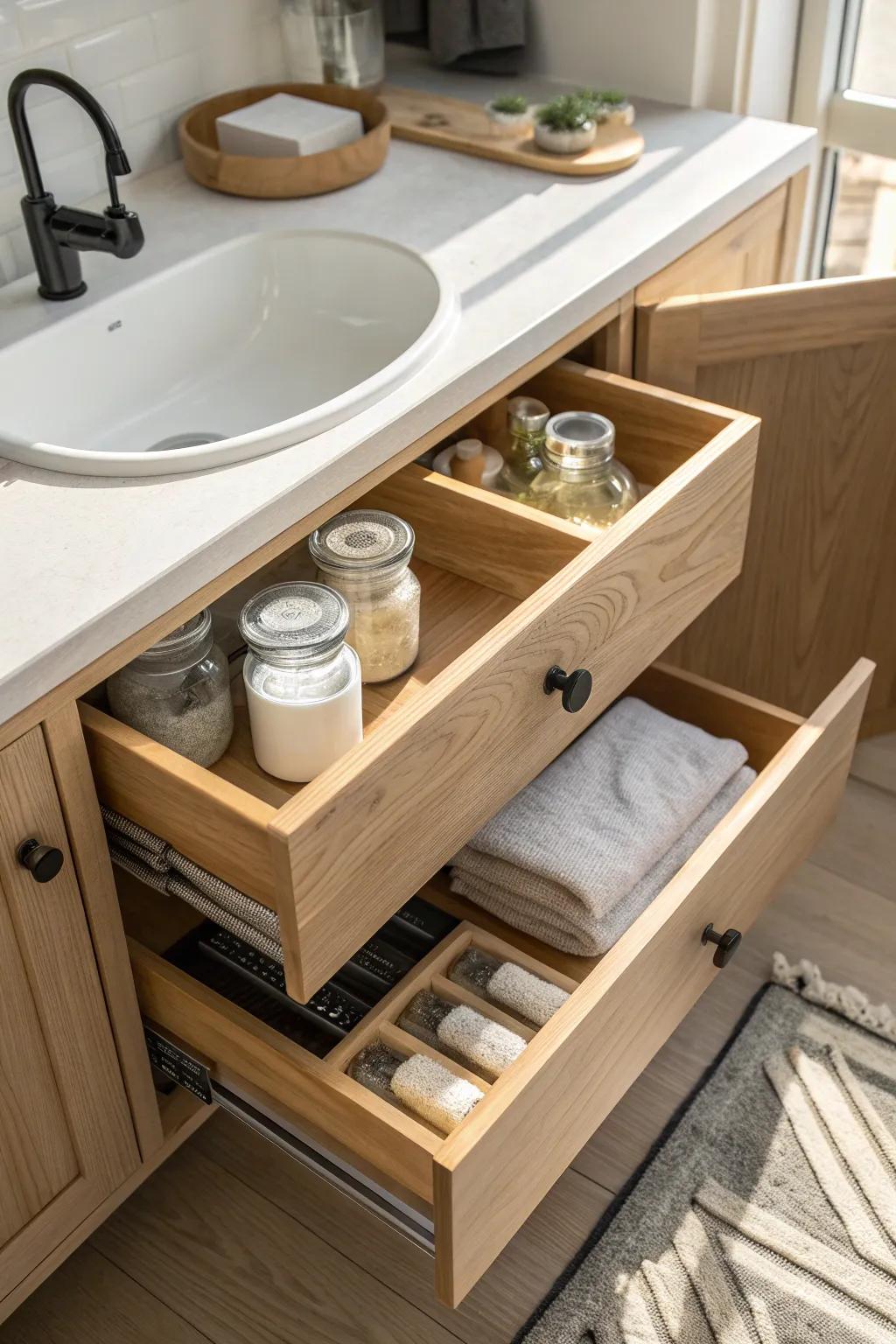 A two-piece pull-out tray that glides around plumbing—beautiful, hidden storage under the sink.