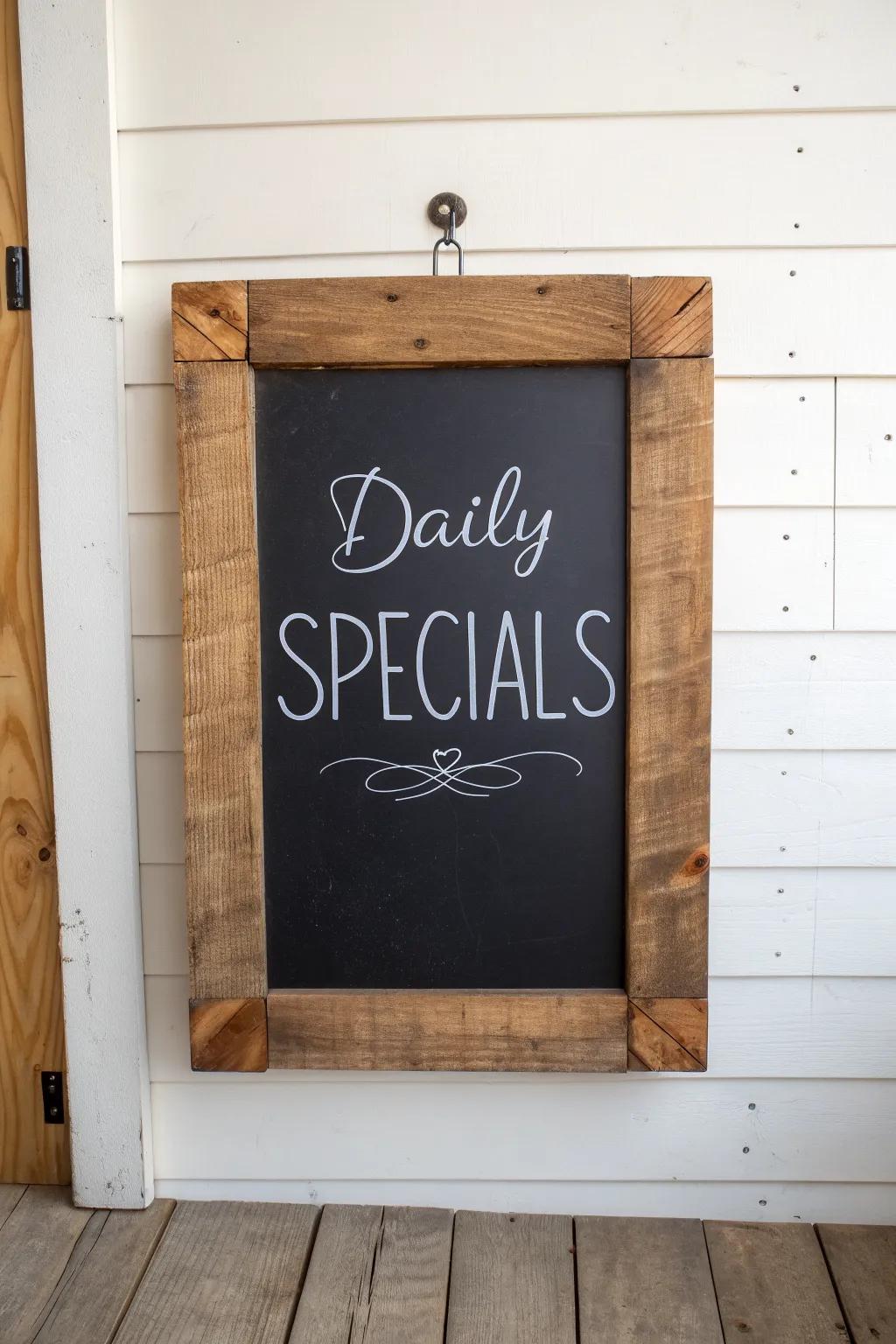 Handmade oak-framed chalkboard menu—simple, cozy, and ready for today’s specials.