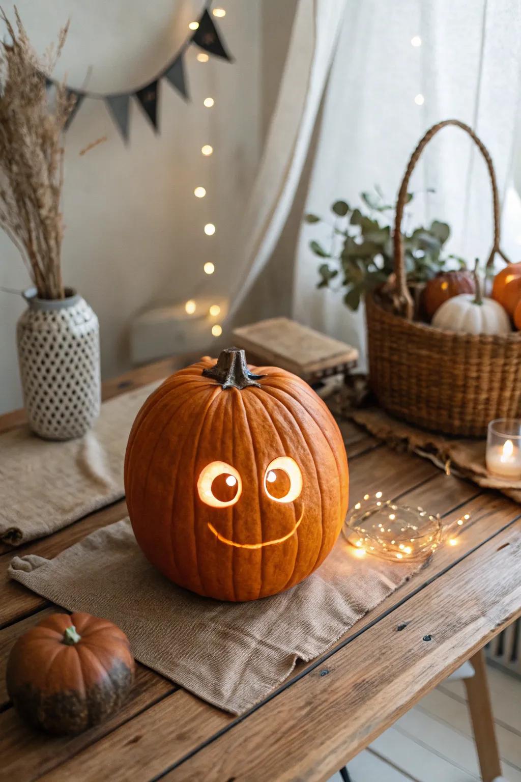 Enchant your Halloween night with a touch of whimsy! This minimalist pumpkin with glow-in-the-dark googly eyes is a playful surprise for all trick-or-treaters.