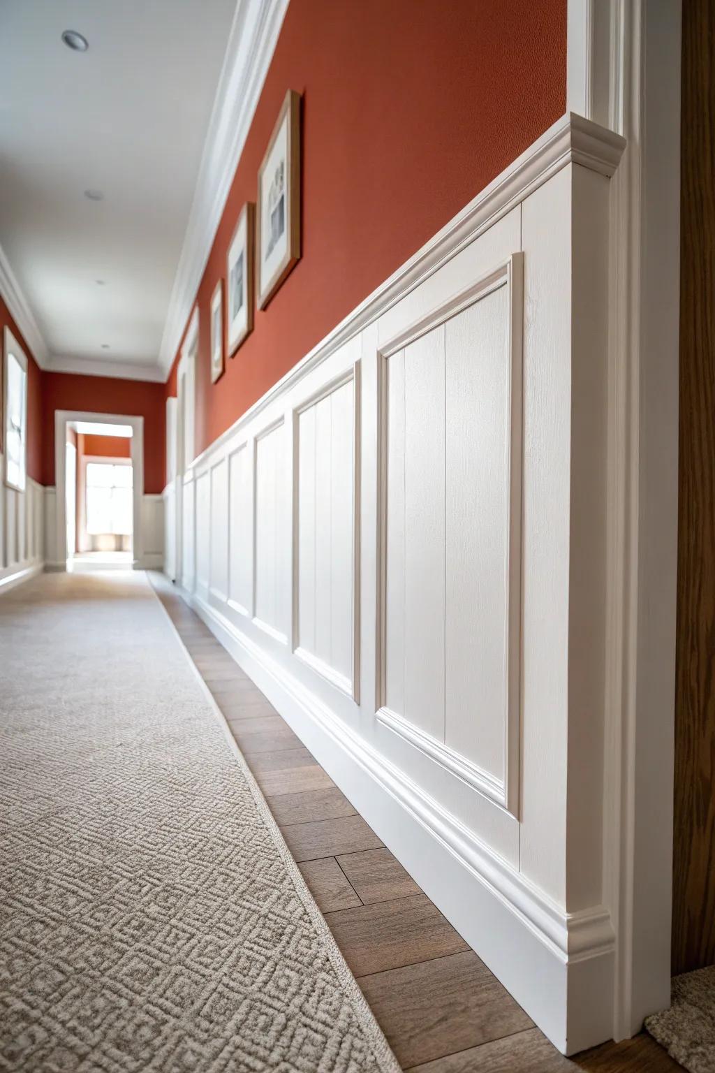 Break up a tunnel-like hallway with raised panel boxes—simple rhythm, big impact.