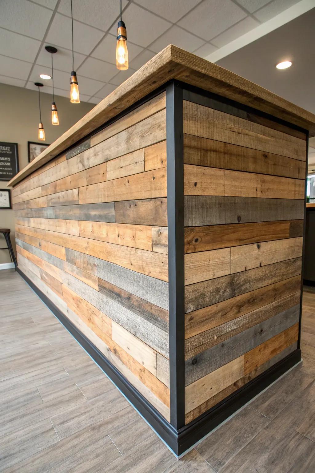 Reclaimed wood bar front elevated with crisp trim lines—rustic warmth, clean and intentional.