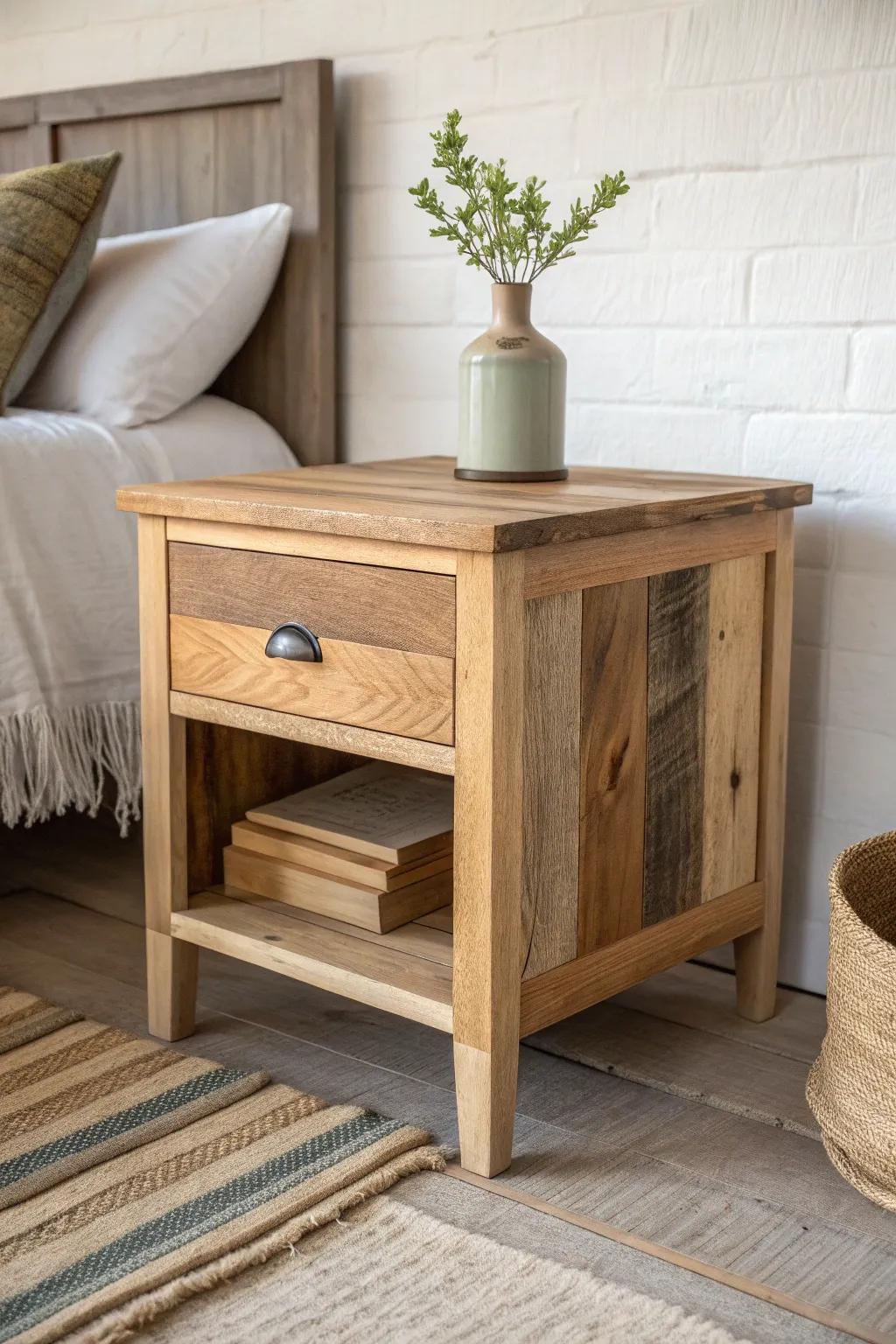 Patchwork reclaimed-wood nightstand: simple box, bold character, and a smooth drawer glide.
