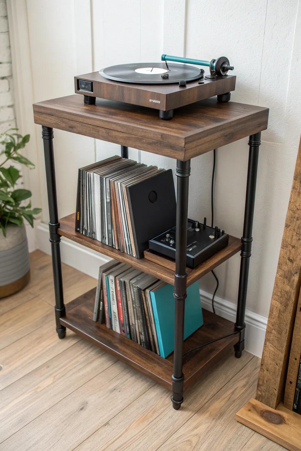 Rustic-industrial record stand: warm walnut top, black pipe frame, and a vinyl-ready shelf.