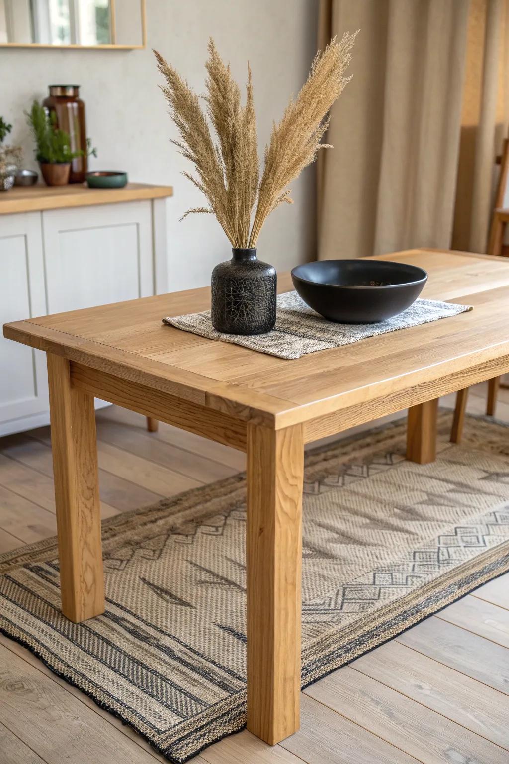 Leave the ends bare—one grounded centerpiece makes a rectangular table feel calm and usable.