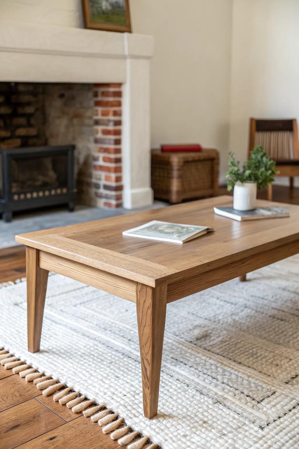 A medium-toned oak table echoes red brick warmth—modern, cohesive, and handcrafted.