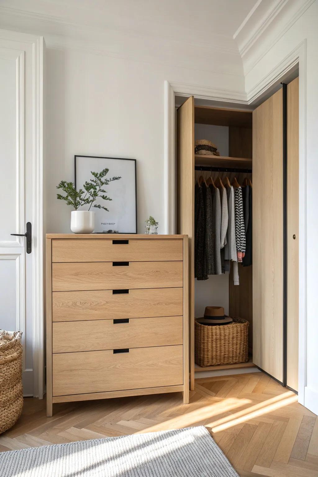 Door-free closet upgrade: slide in a slatted oak low dresser for an instant built-in look.