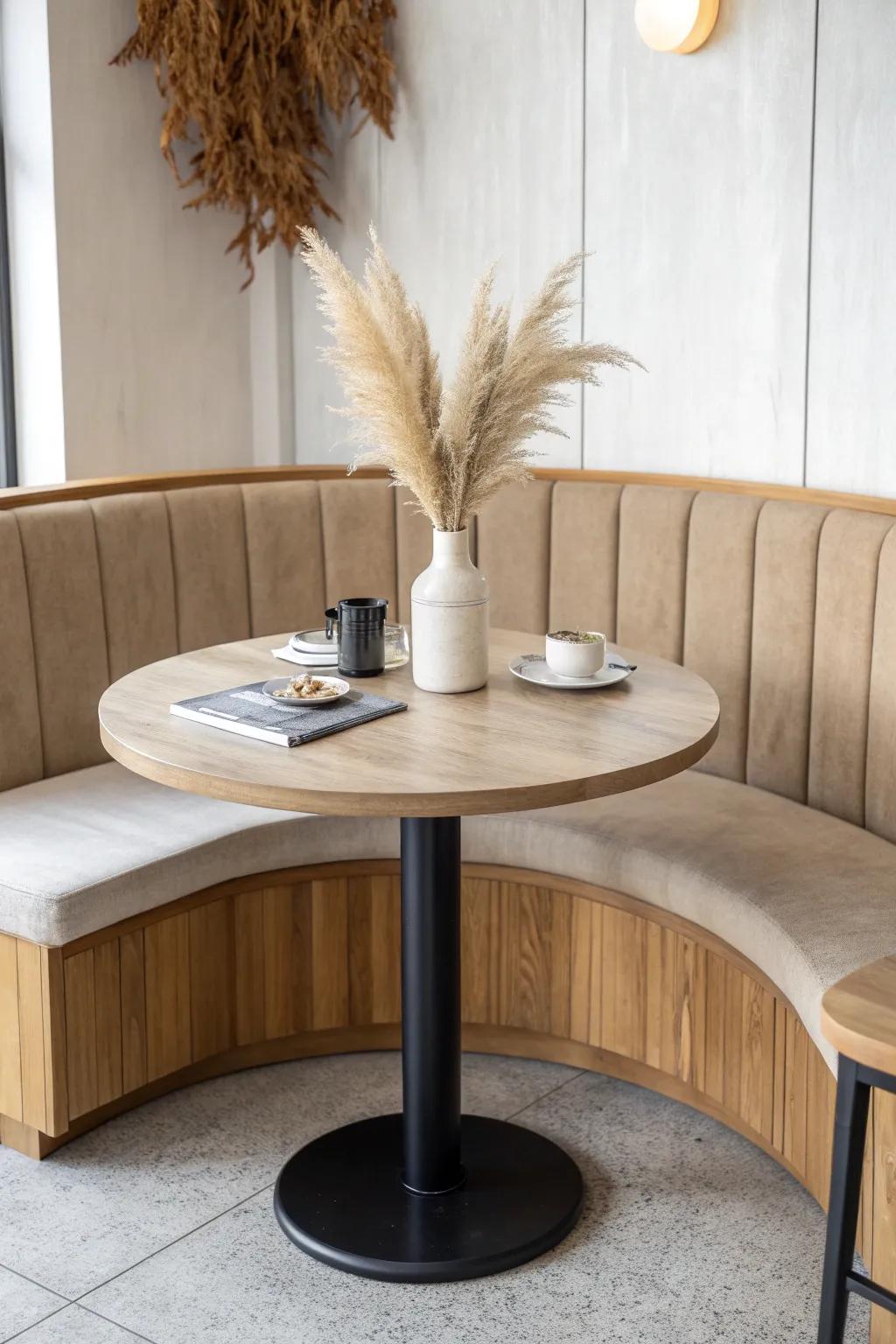 Three-quarter round booth: a cozy group hub with clean service flow and handcrafted style.