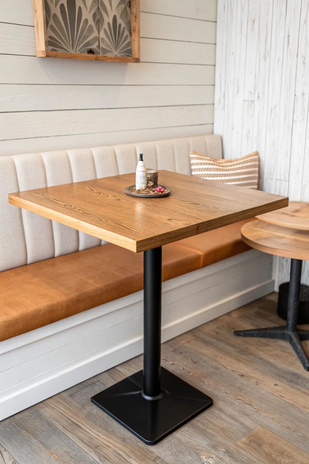 Wall-mounted booth table with a single pedestal—minimal footprint, bold contrast, crafted warmth.