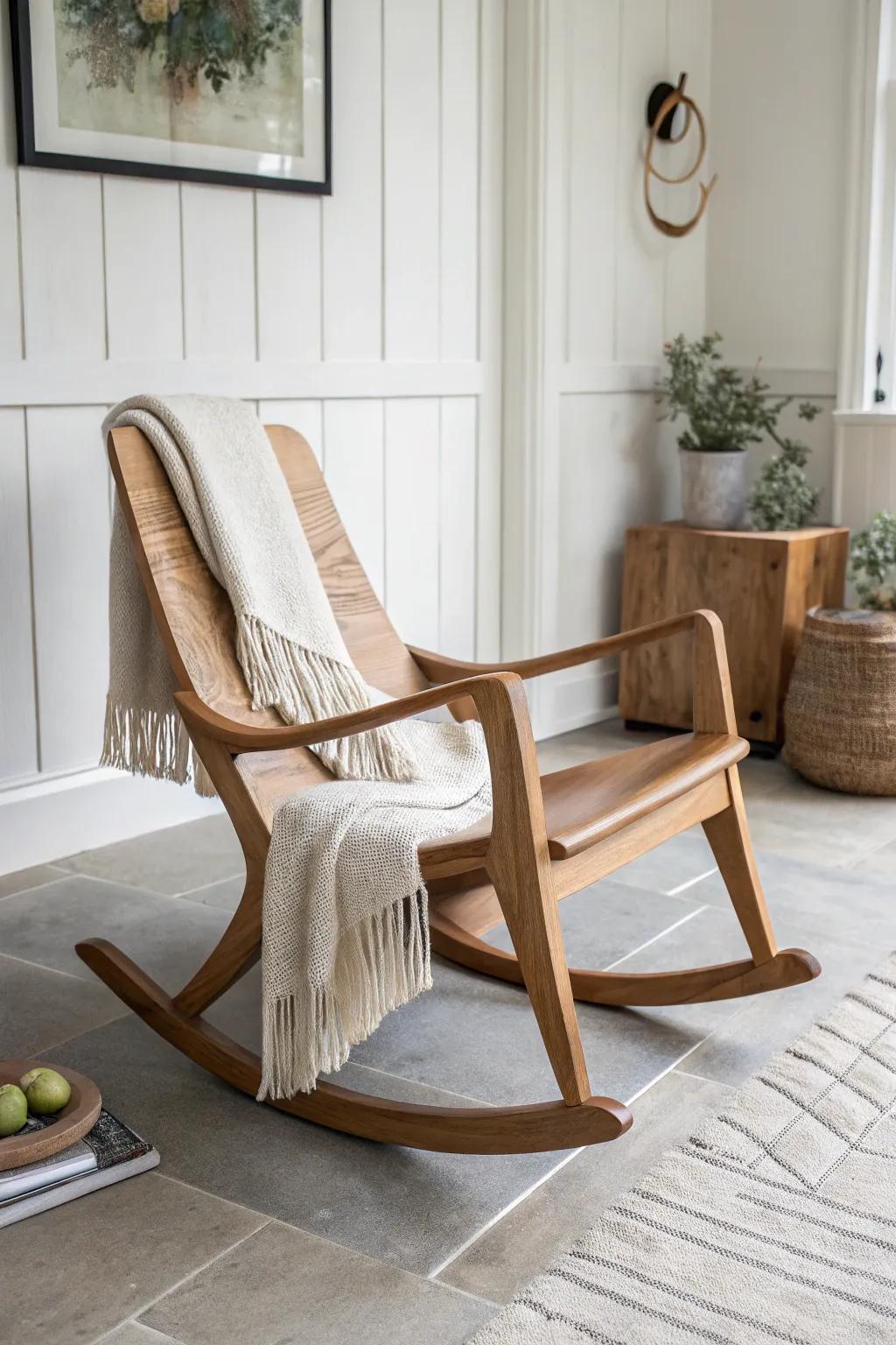 Clean-lined oak rocker with one soft throw—minimal, sculptural, and calming.