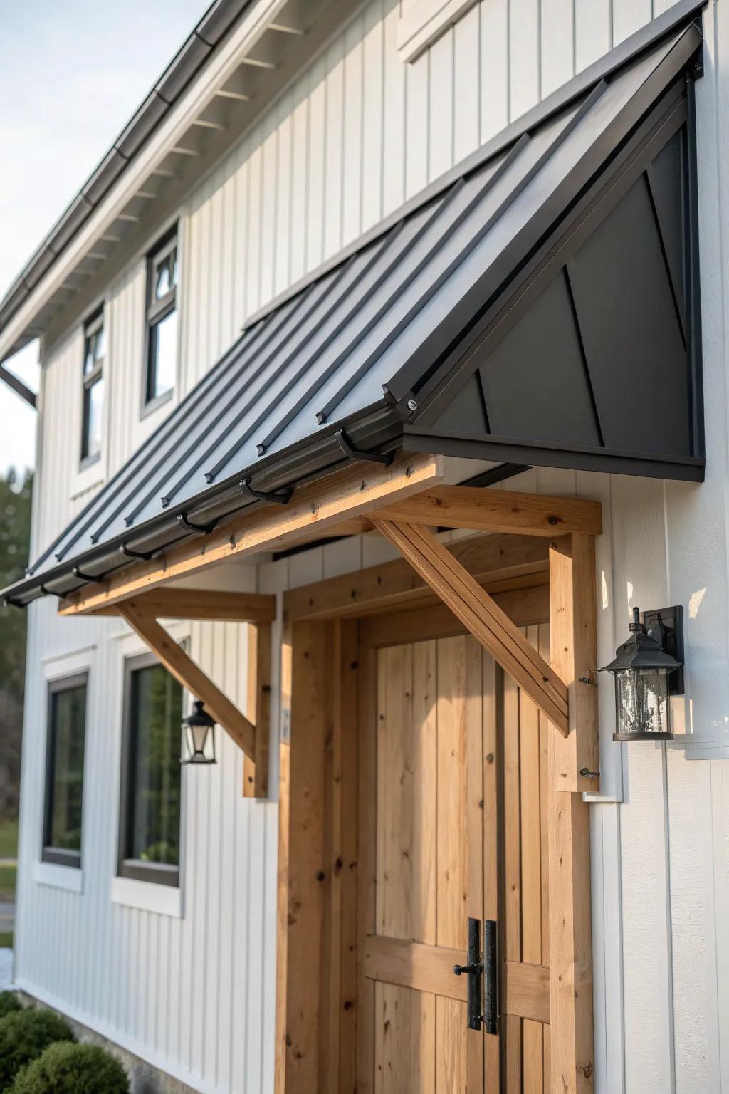 Matte black metal entry roof + warm oak brackets for a crisp modern farmhouse welcome.