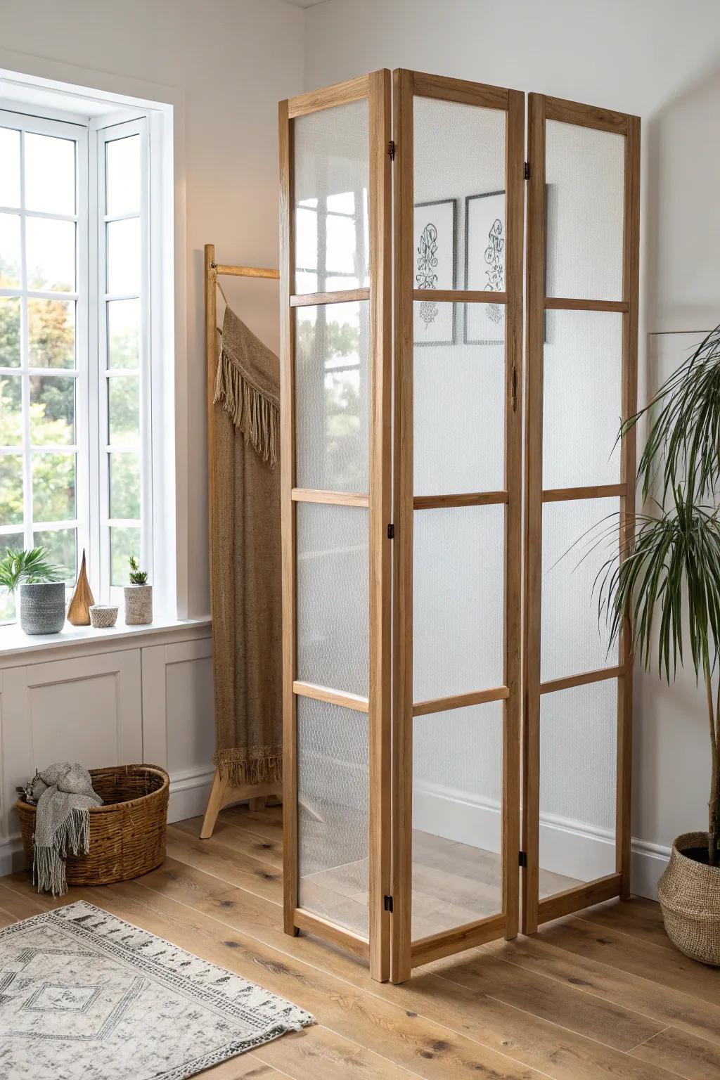 Bright studio zoning: a clear glass-look divider with warm oak frame and crisp, airy contrast.