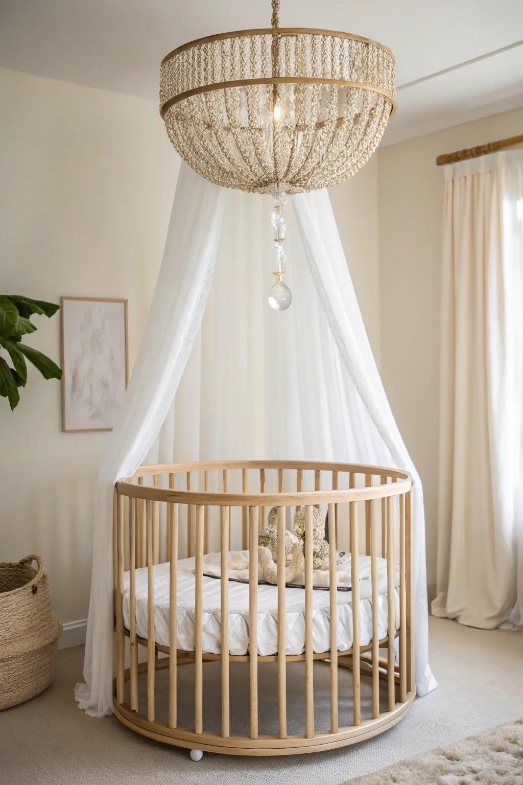 Boutique nursery glow: a round wooden crib framed by a sparkling statement pendant overhead.