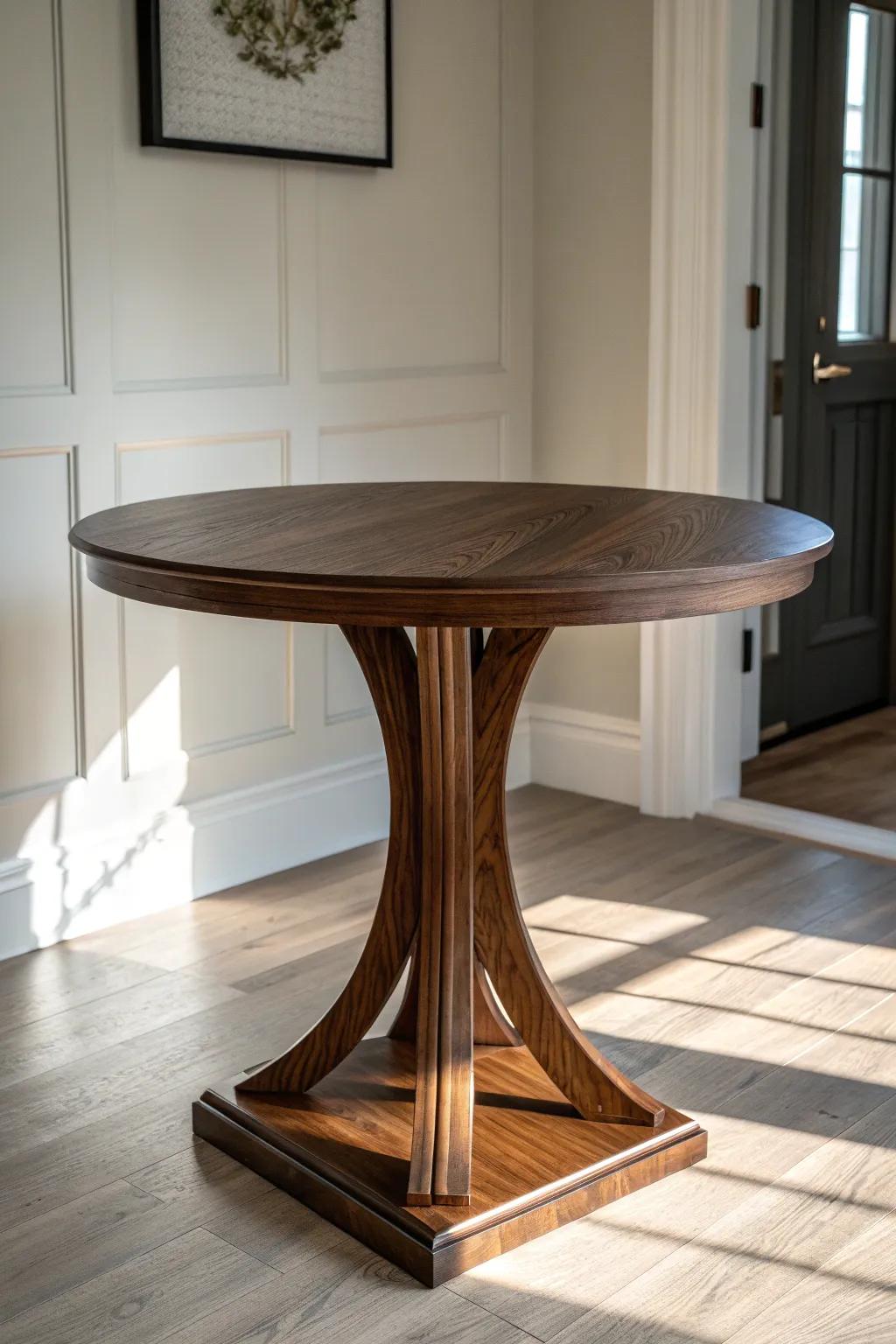 Moody dark-stained round table that anchors a bright entry, grain glowing against creamy walls.
