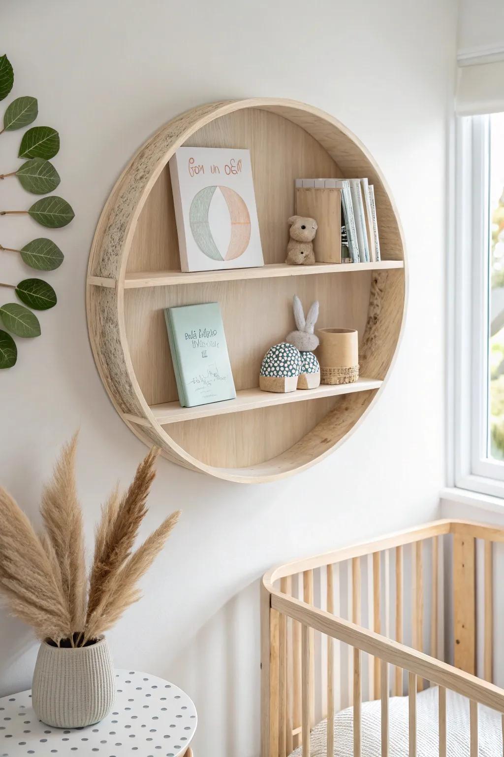 Sweet light-wood round nursery shelf with tiny compartments for books and keepsakes.