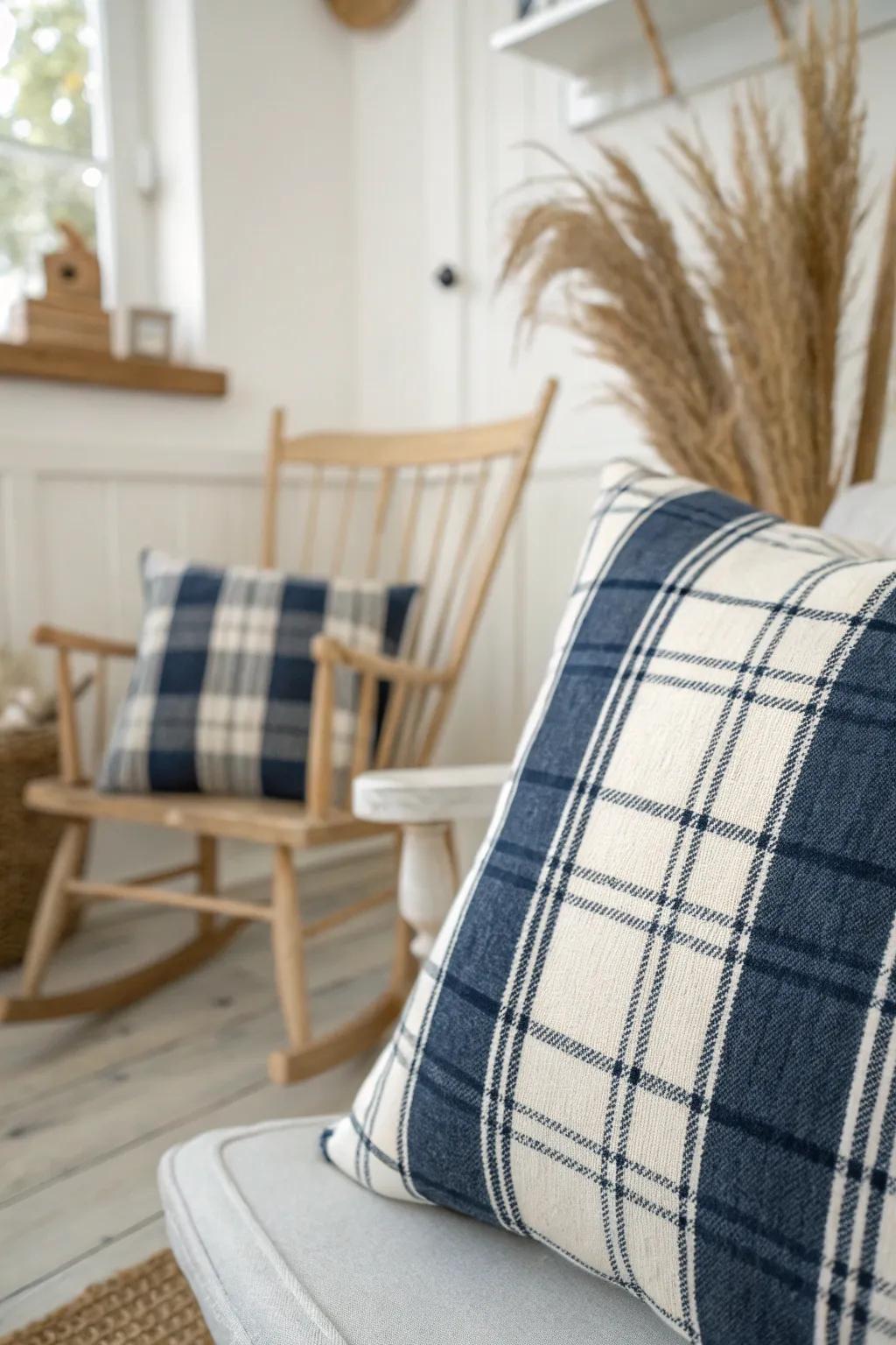 Navy-and-cream plaid pillow brings cozy rustic warmth to a baby boy nursery with simple charm.