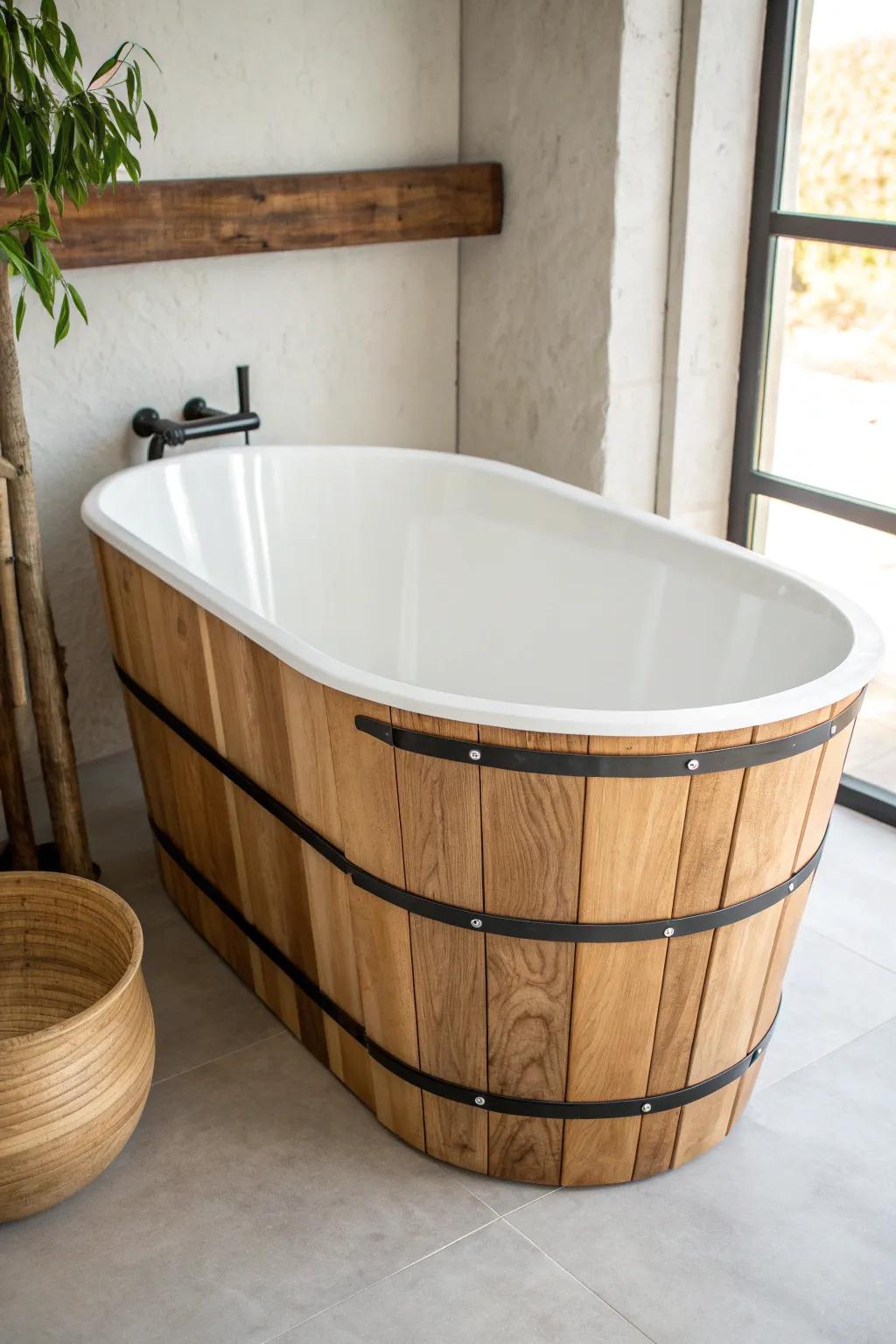 Warm wood slat tub apron with matte black bands—rustic, minimal, and beautifully handcrafted.