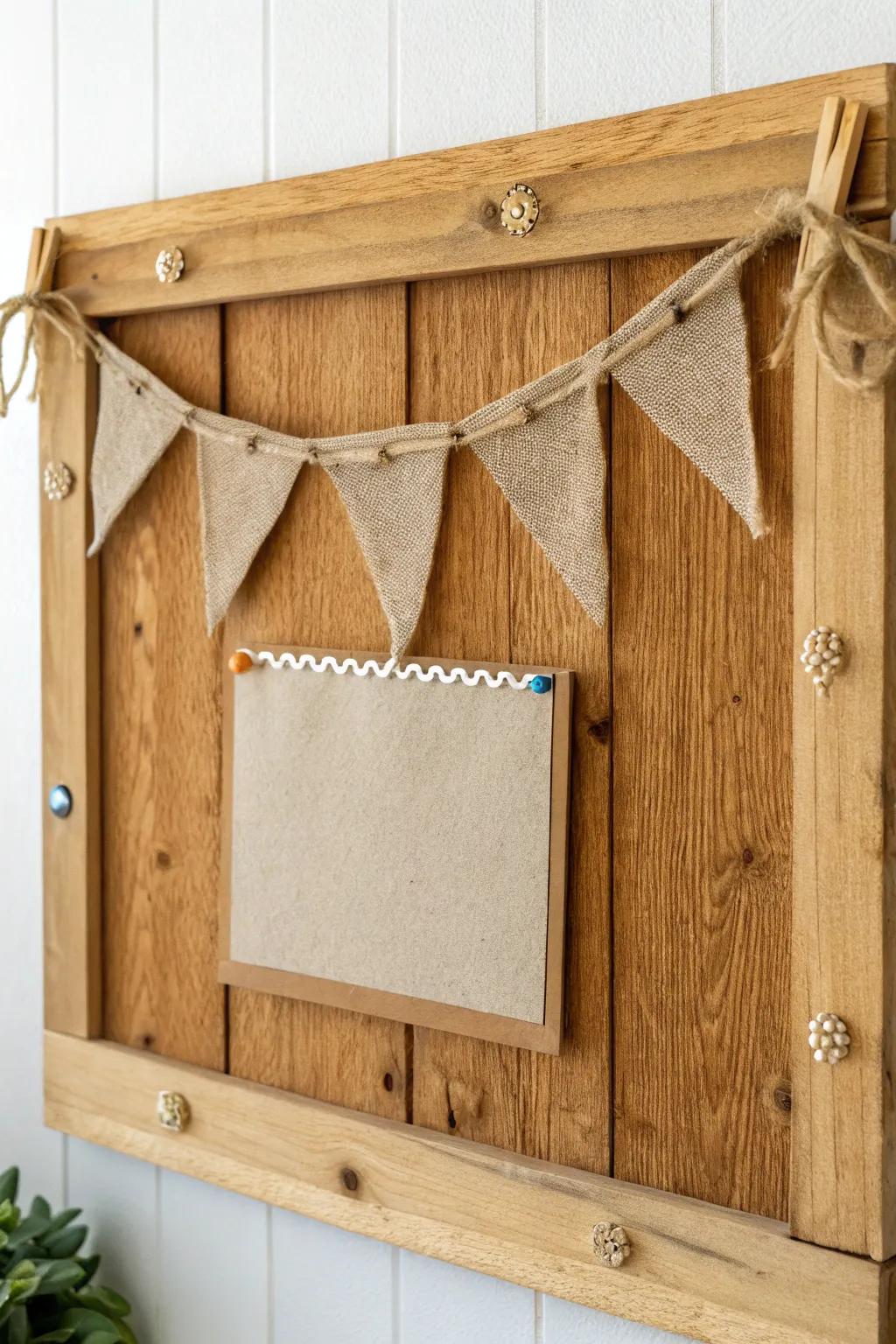 A frayed burlap pennant topper adds instant farmhouse charm to a simple wood bulletin board.