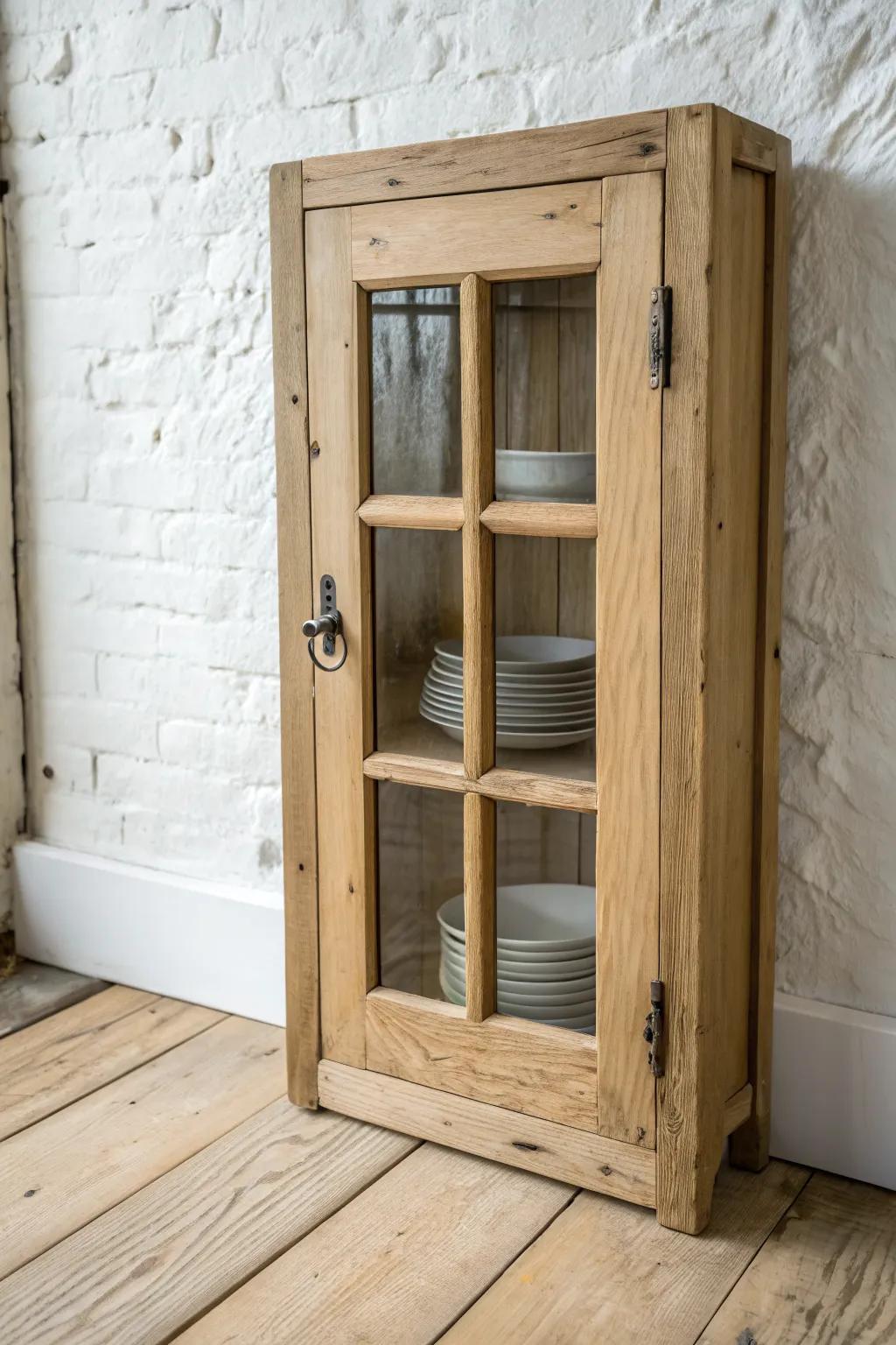 Rustic mullion cabinet door with clear glass panes—airy display storage with warm wood charm.