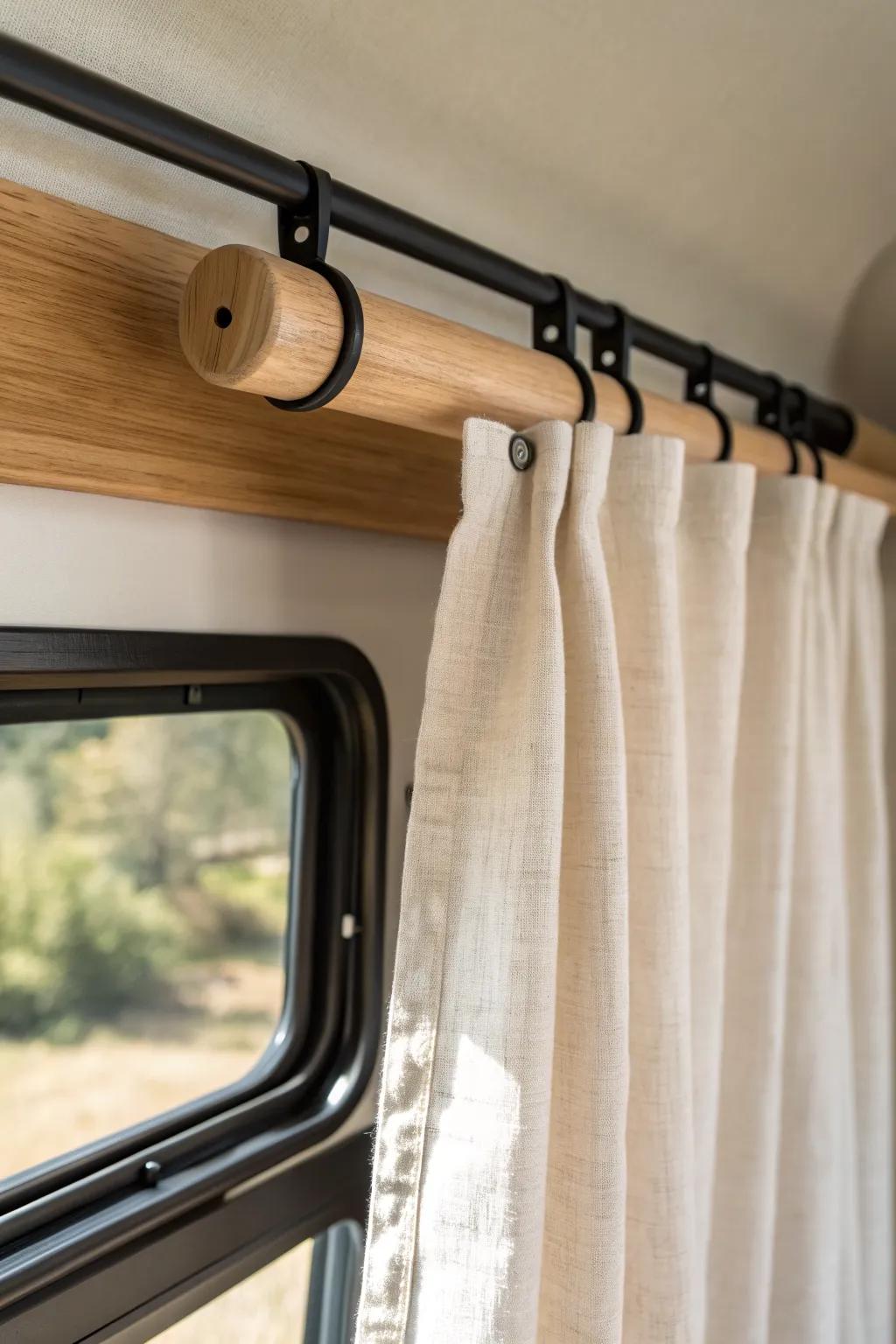 Linen curtains on a simple wood dowel rod—an easy rustic camper upgrade with warm, cozy charm.