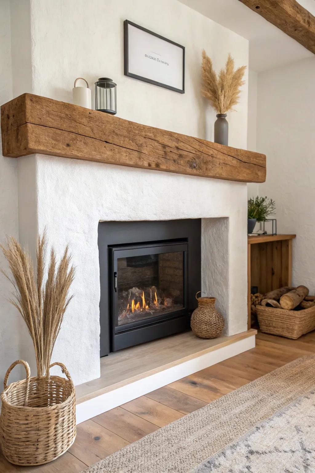 A thick floating reclaimed beam adds rustic warmth above a clean, minimalist corner insert.