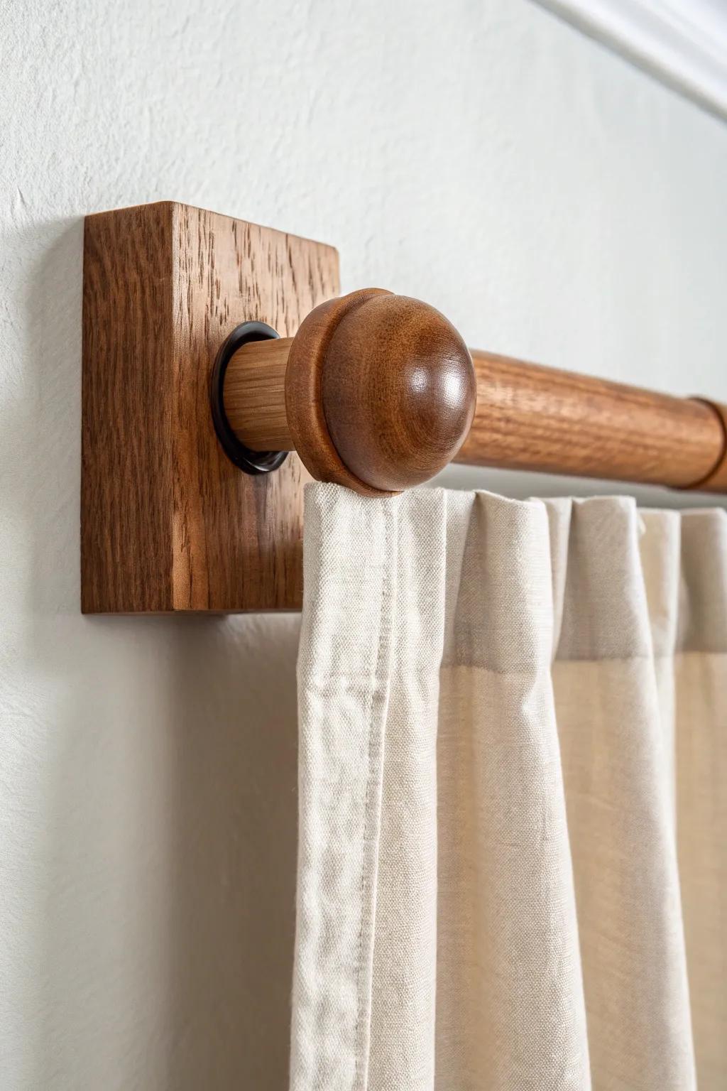 Chunky beveled wood block brackets—budget-friendly, custom-looking rustic curtain rod style.