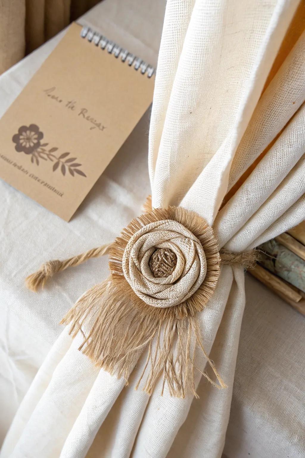 Frayed-edge burlap rosette tieback—quick DIY texture that adds cozy cottage charm.