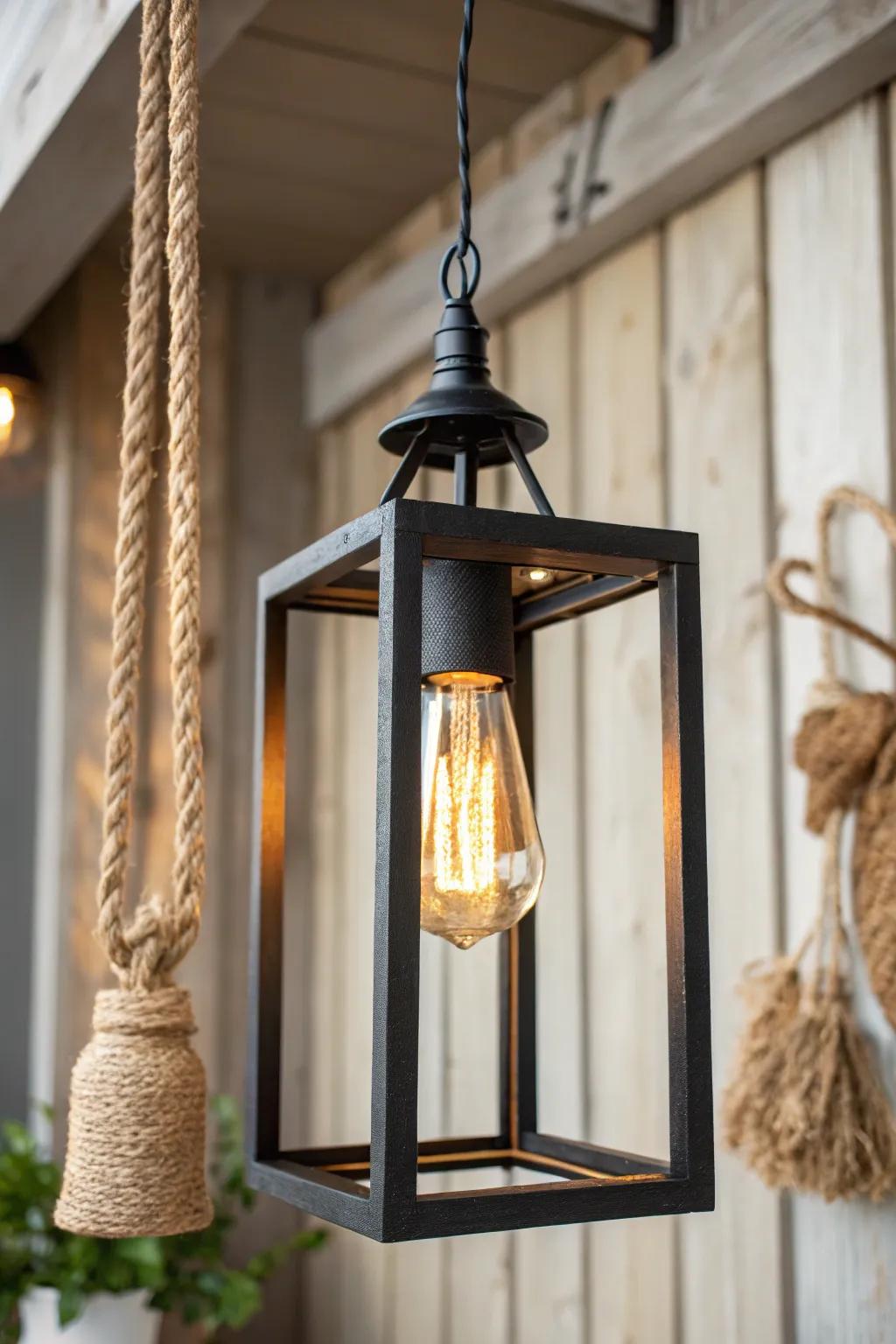 Warm lantern-style glow that deepens wood tones and makes a rustic den feel instantly inviting.