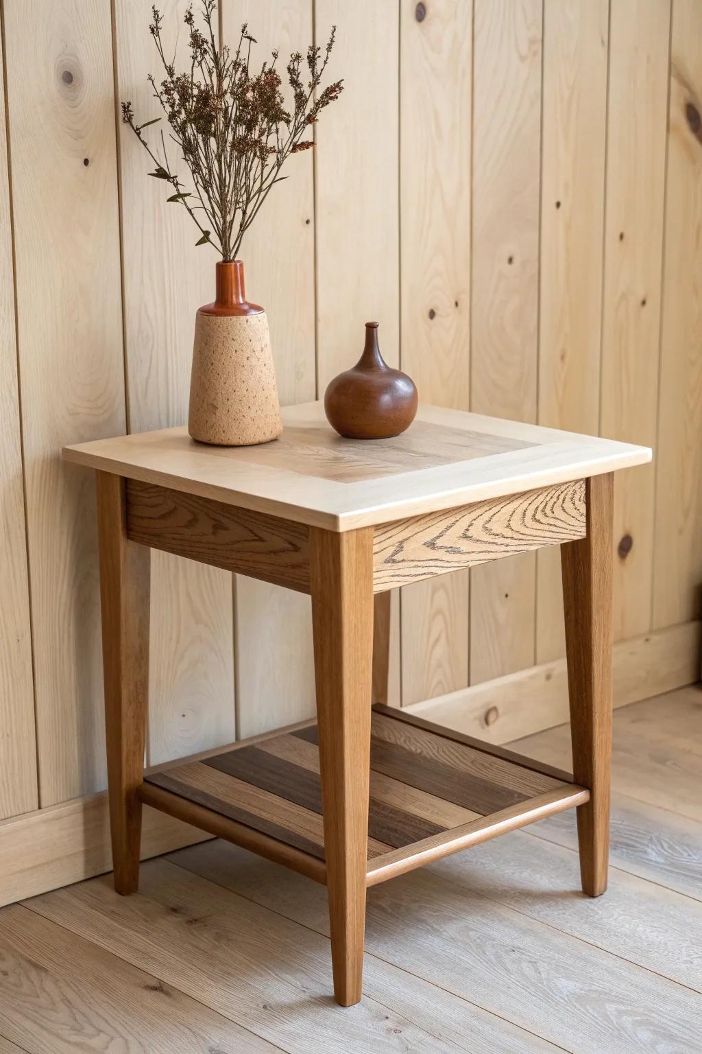 Wood-on-wood layering: pale oak meets rich walnut for cozy rustic depth and contrast.