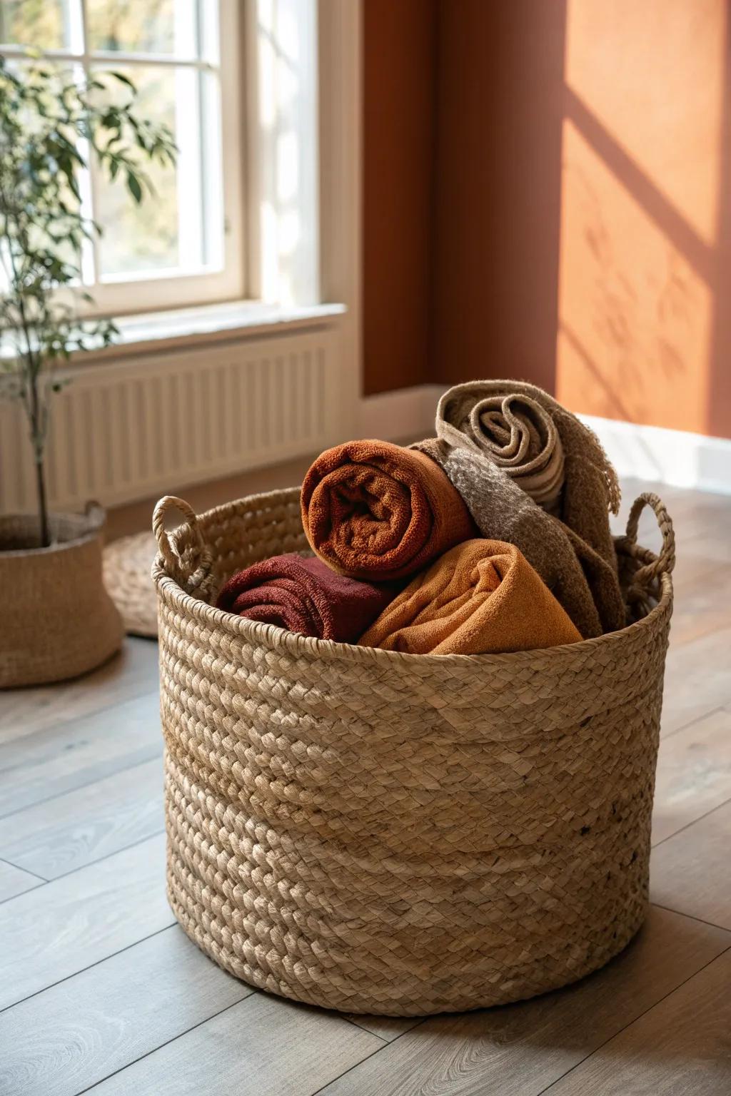 A woven seagrass basket keeps throws tidy, adding warm texture to an earth-tone living room.