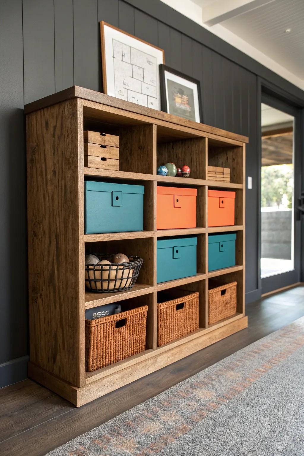Built-in rustic cubbies tidy games and gear—warm wood, clean lines, and bold color pops.