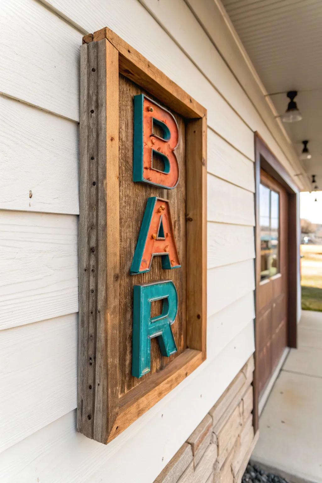 A bold vintage sign in a handcrafted wood frame—instant garage bar character, not clutter.